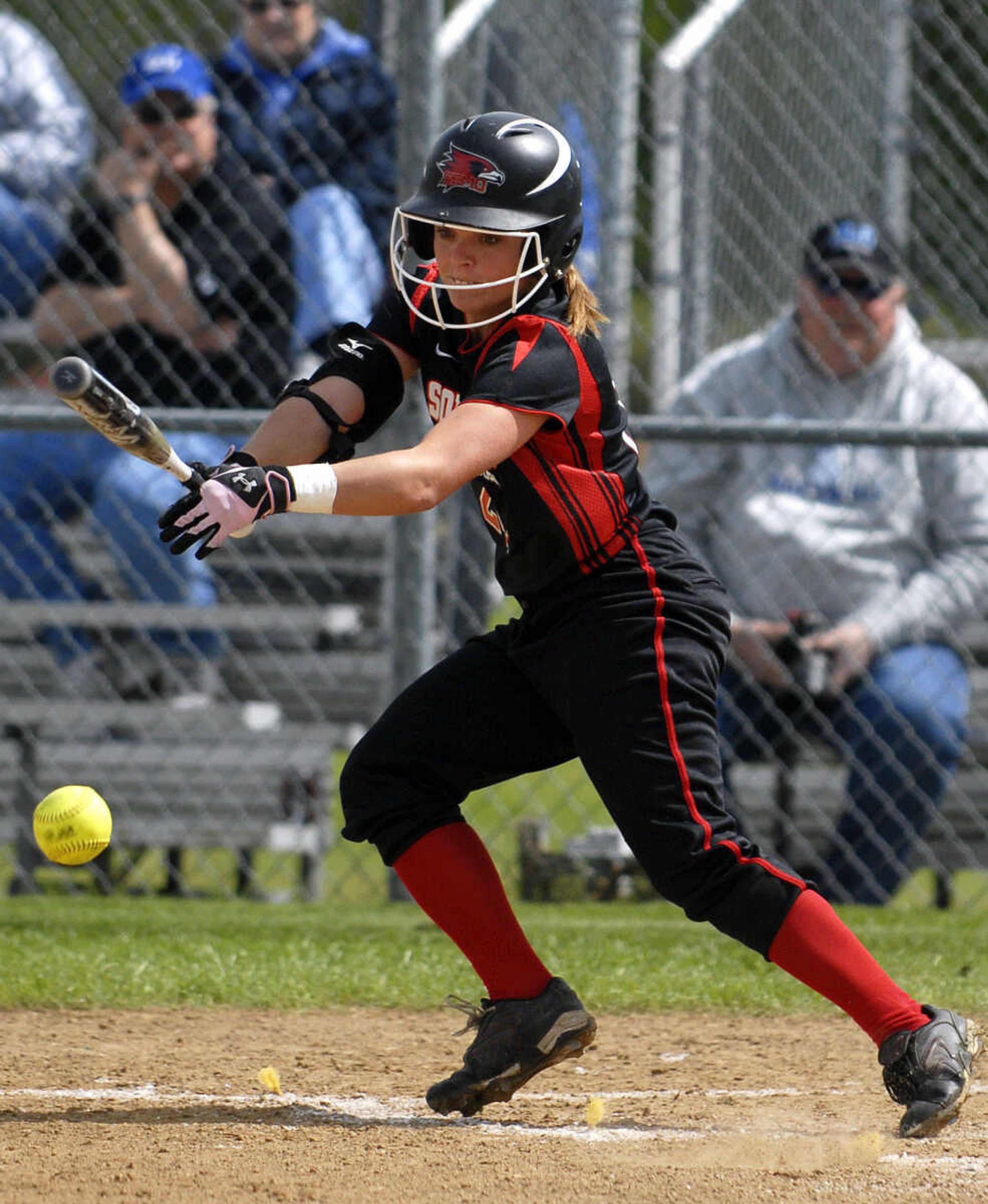 LAURA SIMON~lsimon@semissourian.com
Southeast batter Melissa Walker takes a hack at the ball in the second inning of the first game of a double-header against Saint Louis University Wednesday, May 4, 2011 at the Southeast Softball Complex.