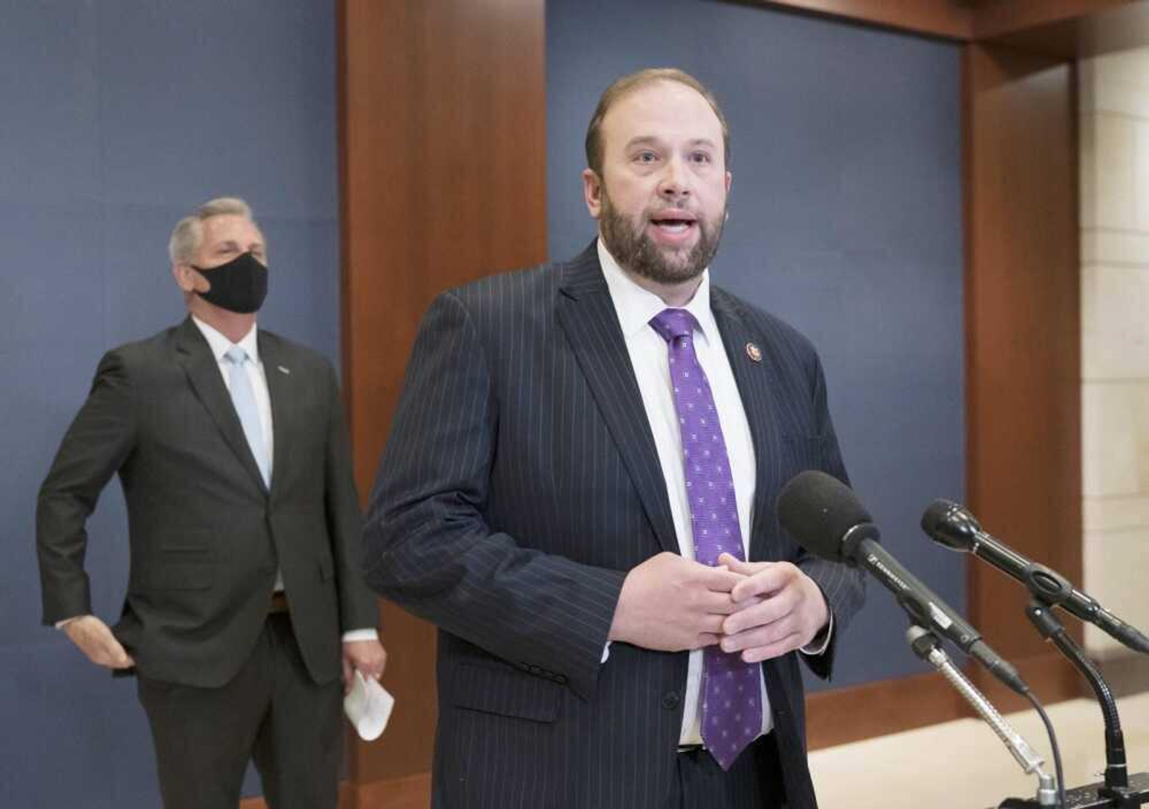 U.S. Rep. Jason Smith, R-Mo., ranking Republican on the House Budget Committee, joined at left by House Minority Leader Kevin McCarthy, R-Calif., speaks to reporters Feb. 24 on Capitol Hill in Washington regarding the $1.9 trillion COVID-19 relief bill.
Associated Press file