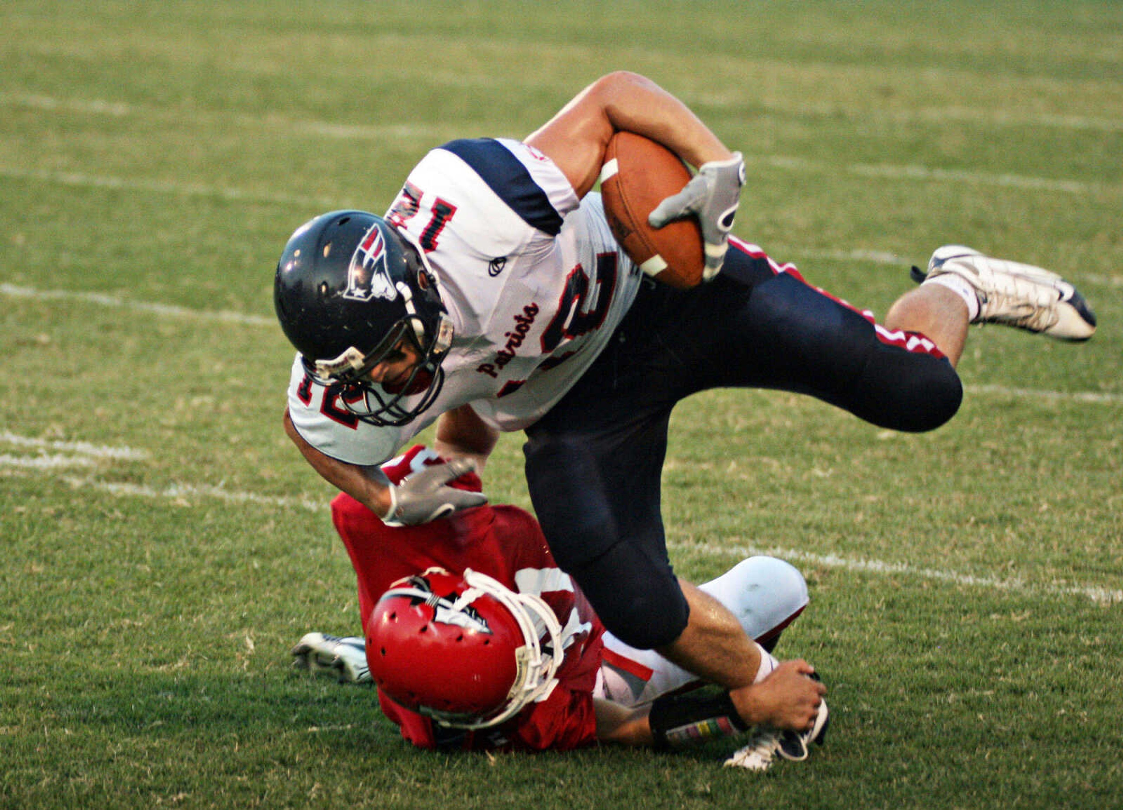 SEAN MAGEE ~ photos@semissourian.com
Parkway South's John Barnabee is tackled by Jackson's Jerrett Schwab Friday at Jackson.