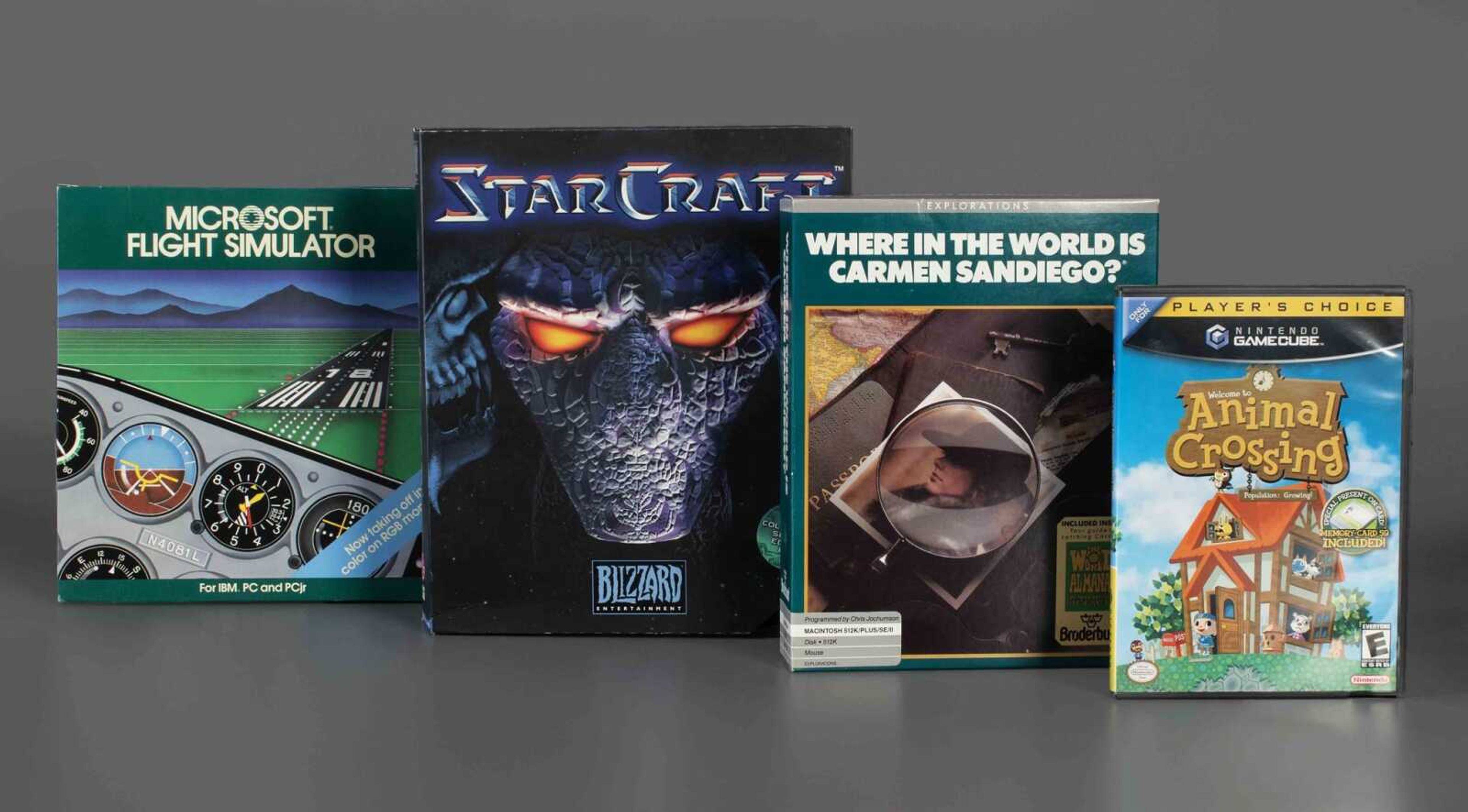 This undated photo shows four video games, left to right, Microsoft Flight Simulator, StarCraft, World is Carmen Sandiego? and Animal Crossing, being inducted into the World Video Game Hall of Fame in Rochester, New York.