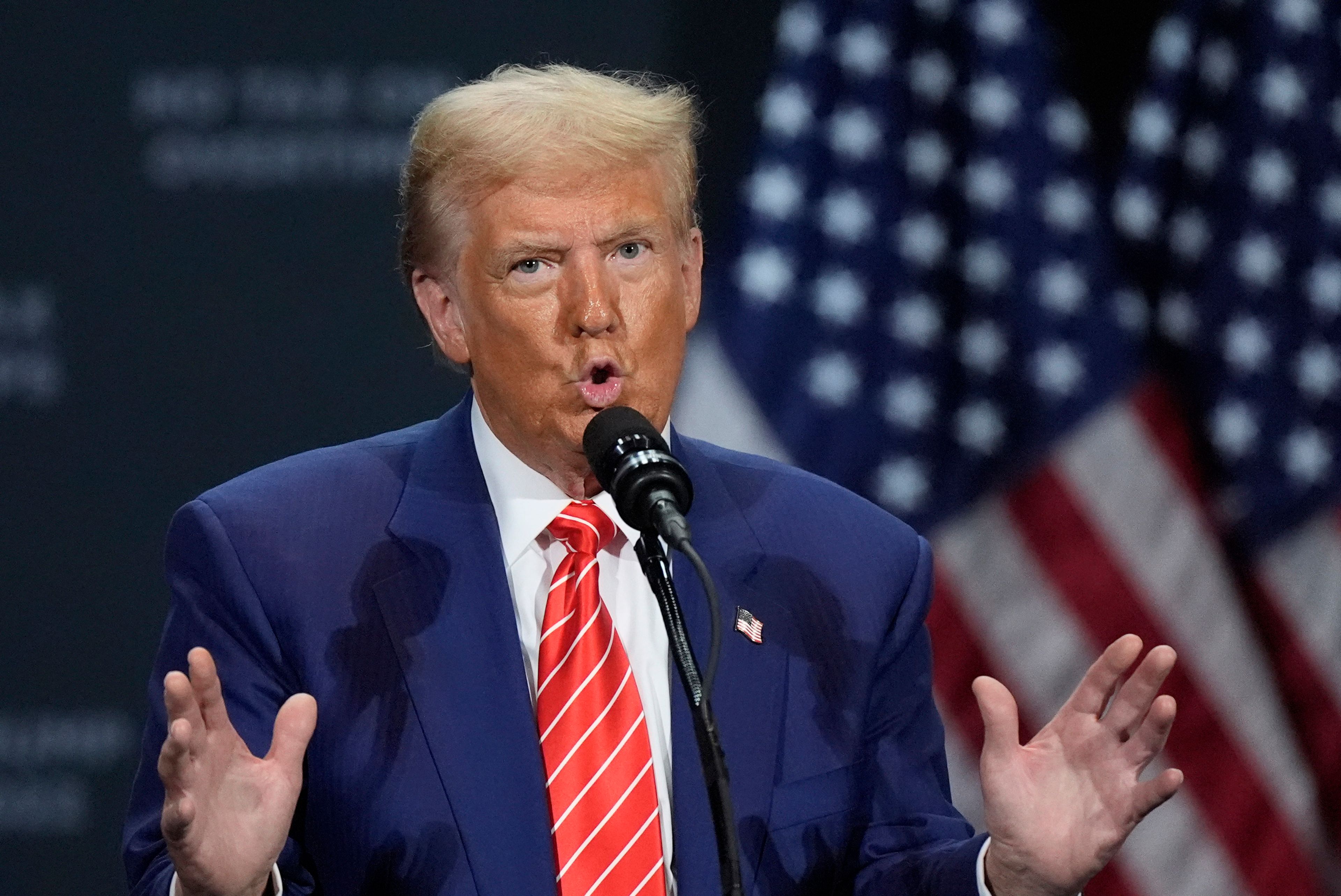 Republican presidential nominee former President Donald Trump speaks at a campaign event at the Cobb Energy Performing Arts Centre, Tuesday, Oct. 15, 2024, in Atlanta. (AP Photo/John Bazemore)