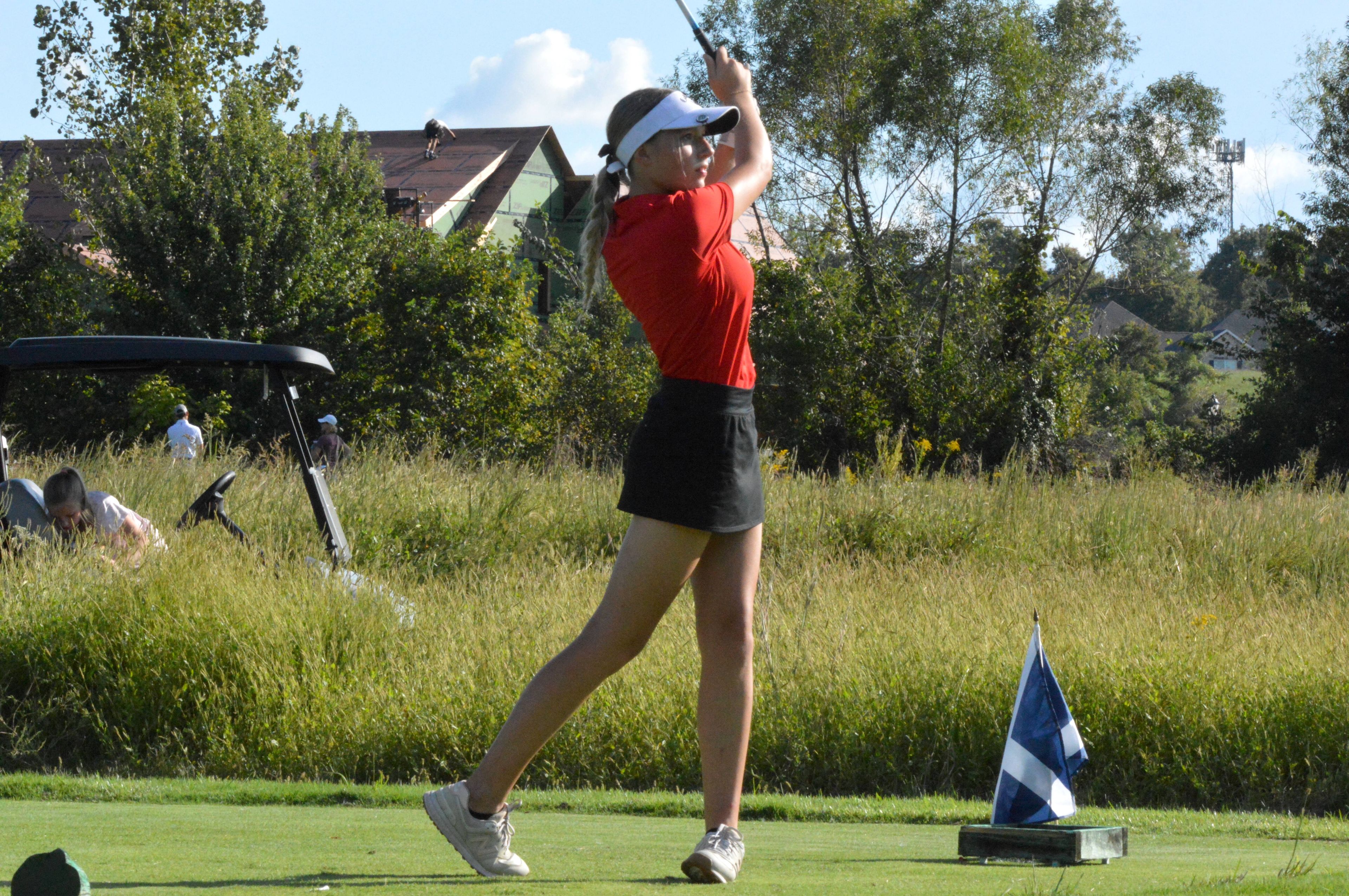 Sikeston sophomore Gentrie Johansen tees off in the Notre Dame quad meet on Thursday, Sept. 26.