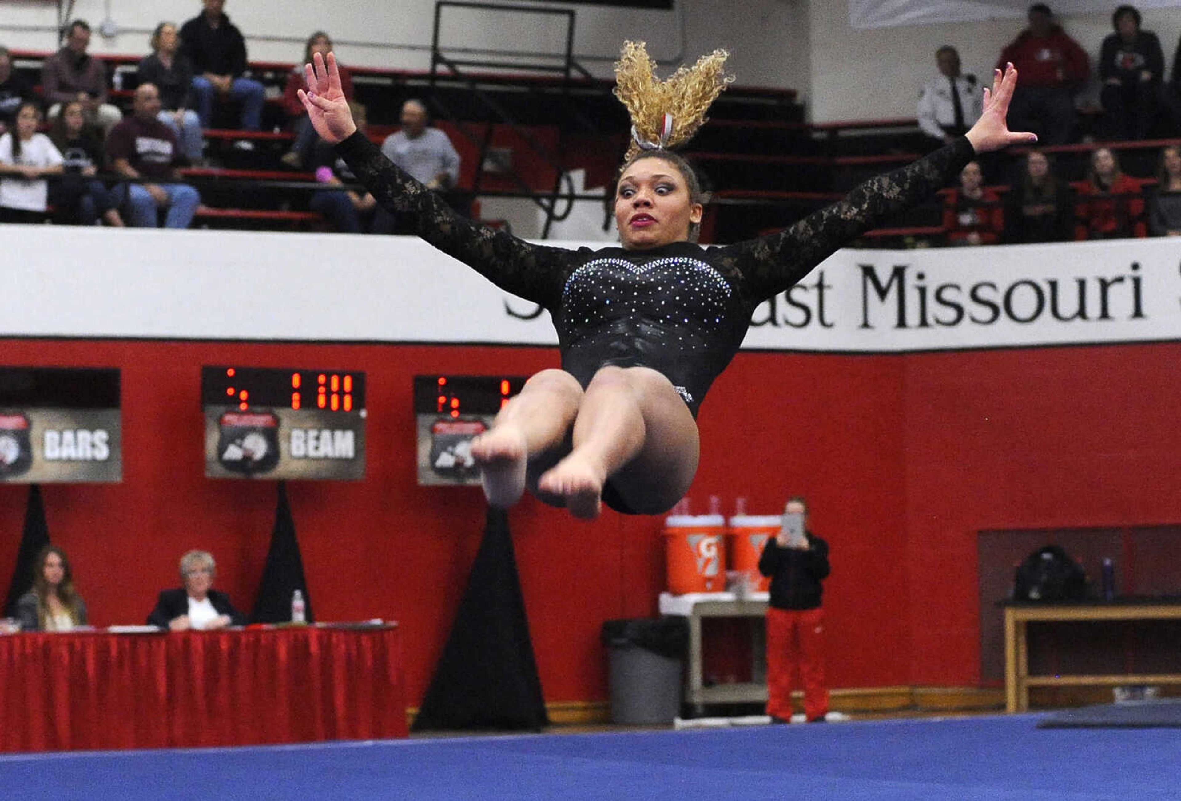 FRED LYNCH ~ flynch@semissourian.com
Southeast Missouri State's Alexis Brawner competes in the floor exercise during the Midwest Independent Conference Championships on Saturday, March 19, 2016 at Houck Field House.