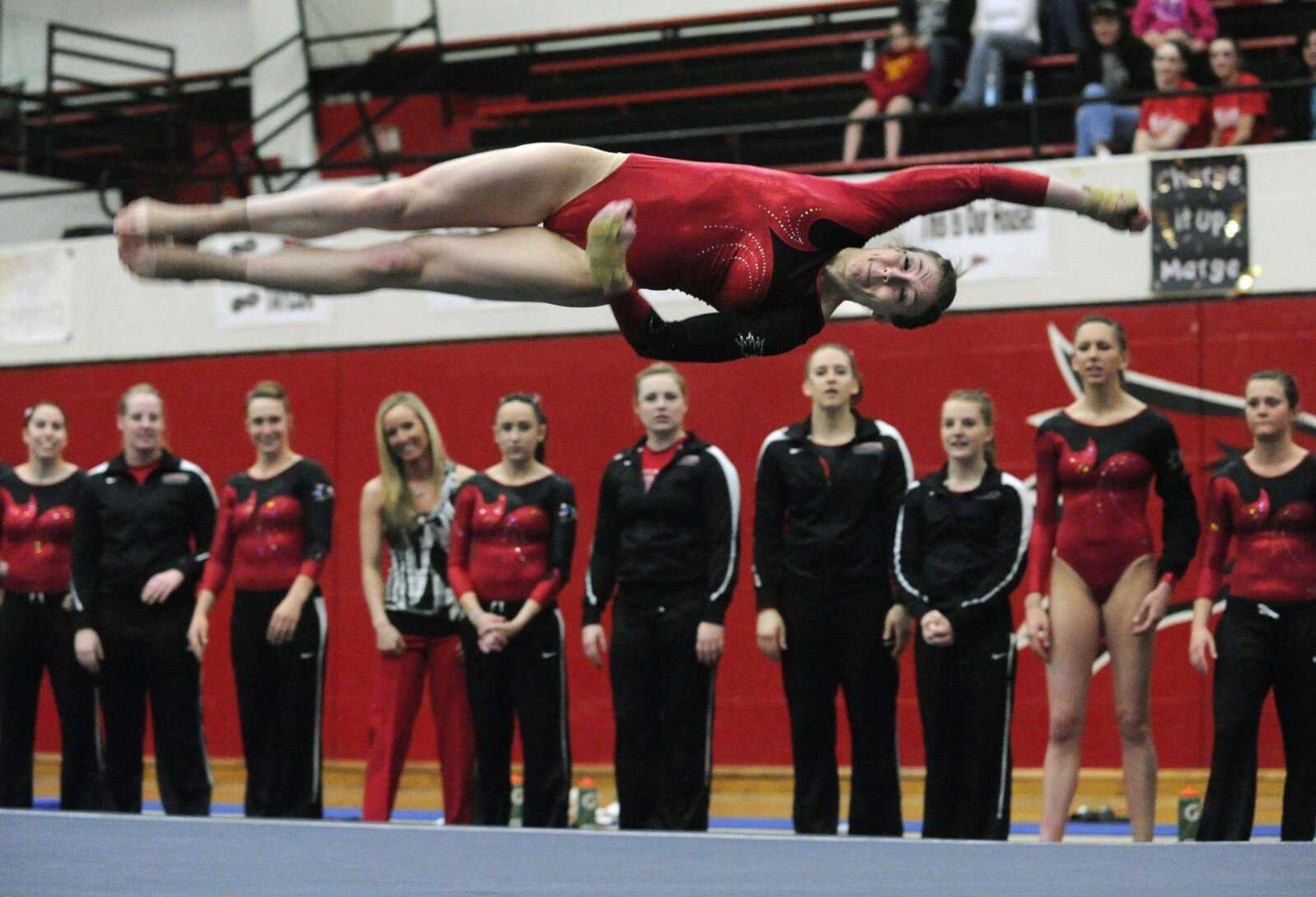 Southeast Missouri State's Emma Garrett competes in the floor exercise during Friday's meet with Texas Woman's University at Houck Field House. Check out more photos from the meet at semoball.com. (Fred Lynch)