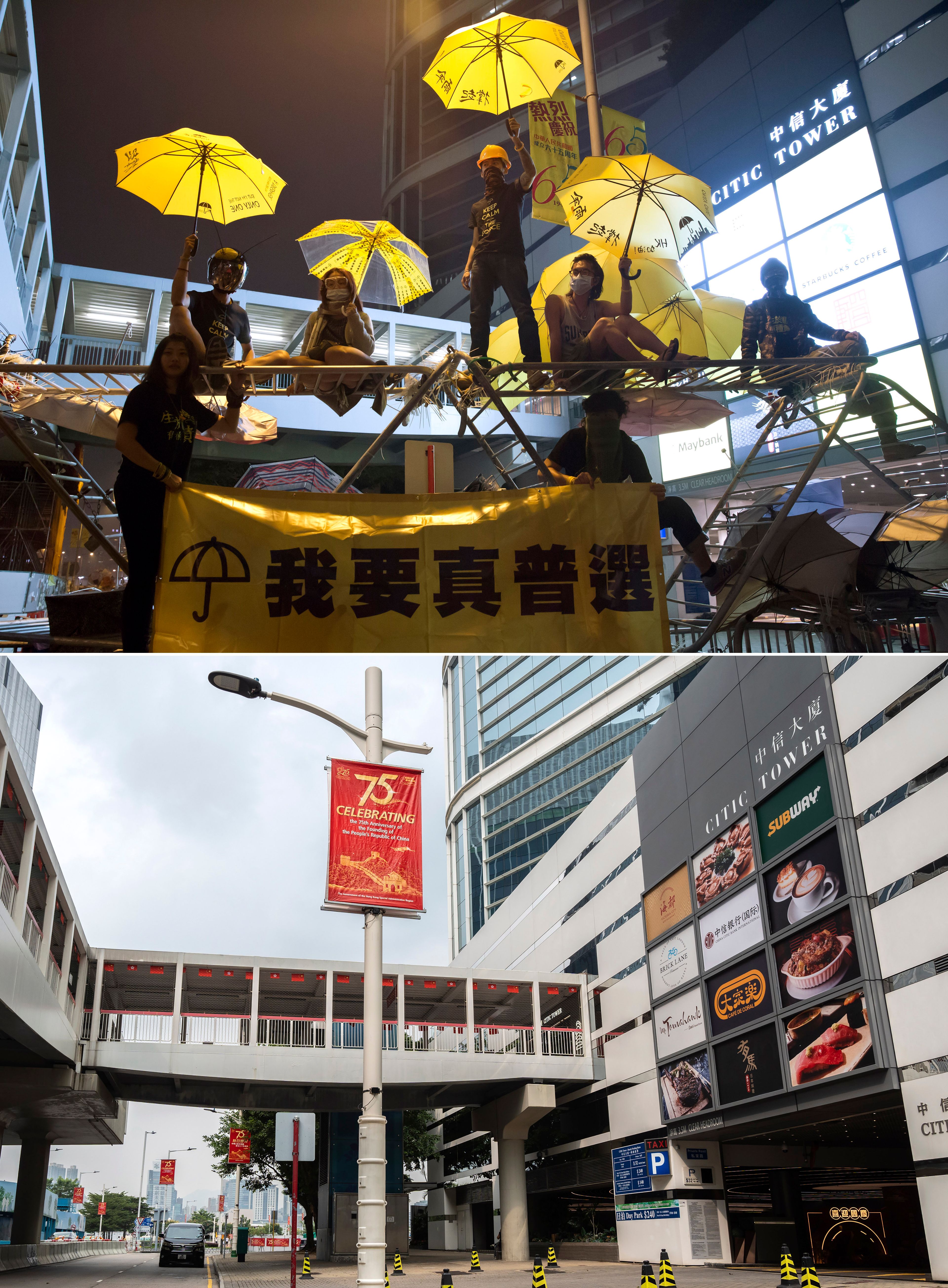 This combination image made from two photos shows protesters holding a yellow banner with words reading: "I want genuine universal suffrage" on a barricade at the occupied area outside government headquarters in Hong Kong Wednesday, Dec. 10, 2014, top, and the same area on Saturday, Sept. 28, 2024. (AP Photo/Kin Cheung, Chan Long Hei)