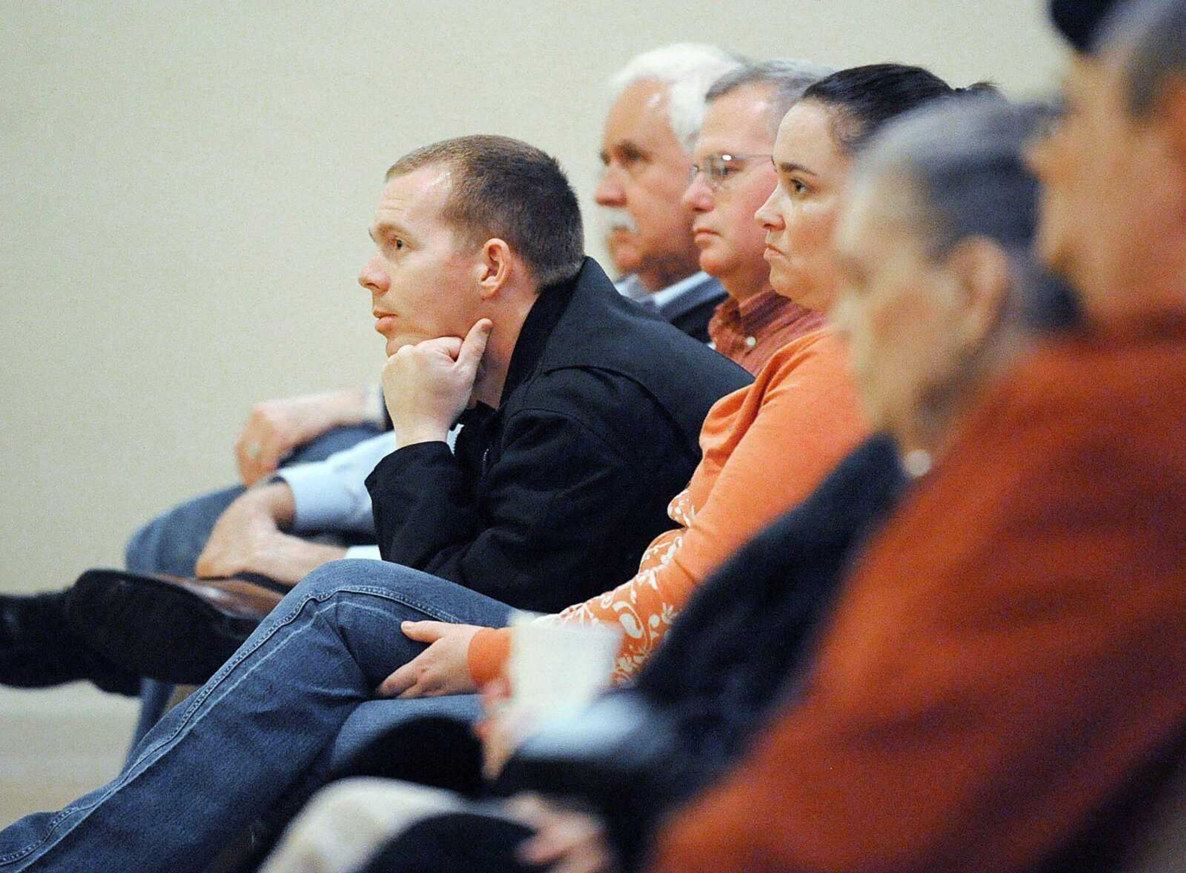 Attendees listen during Thursday night's 8th District Congressional Committee's candidate forum at Salem City Hall. The GOP committee will nominate a replacement to fill Rep. Jo Ann Emerson's seat. Candidates were asked the same six questions by a member of the GOP committee. Candidates at the forum were Wendell Bailey, Jason Crowell, Lt. Gov. Peter Kinder, Bob Parker, Todd Richardson, Jason Smith, Lloyd Smith, Pedro Sotelo, Sarah Steelman, Clint Tracy, John Tyrrell and Wayne Wallingford. (LAURA SIMON ~ lsimon@semisourian.com)