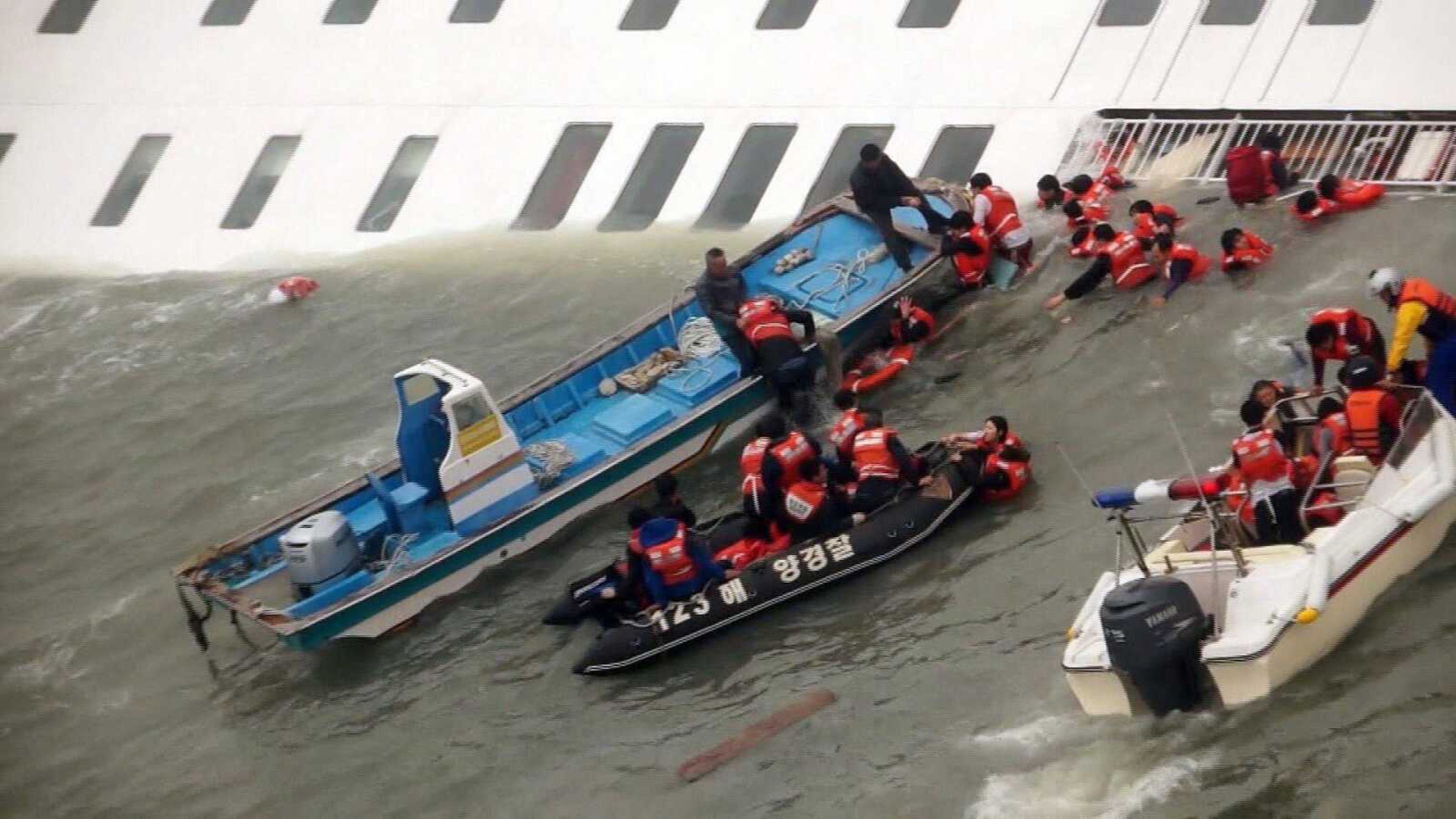 In this image taken from video from Mokpo Coast Guard, passengers from a ferry sinking off South Korea&#8217;s southern coast are rescued Wednesday by the South Korean Coast Guard in the water near Jindo, south of Seoul. Nearly 300 people were still missing Wednesday several hours after the ferry carrying 477, most of them high school students, sank in cold waters off South Korea&#8217;s southern coast. (Yonhap ~ Associated Press)