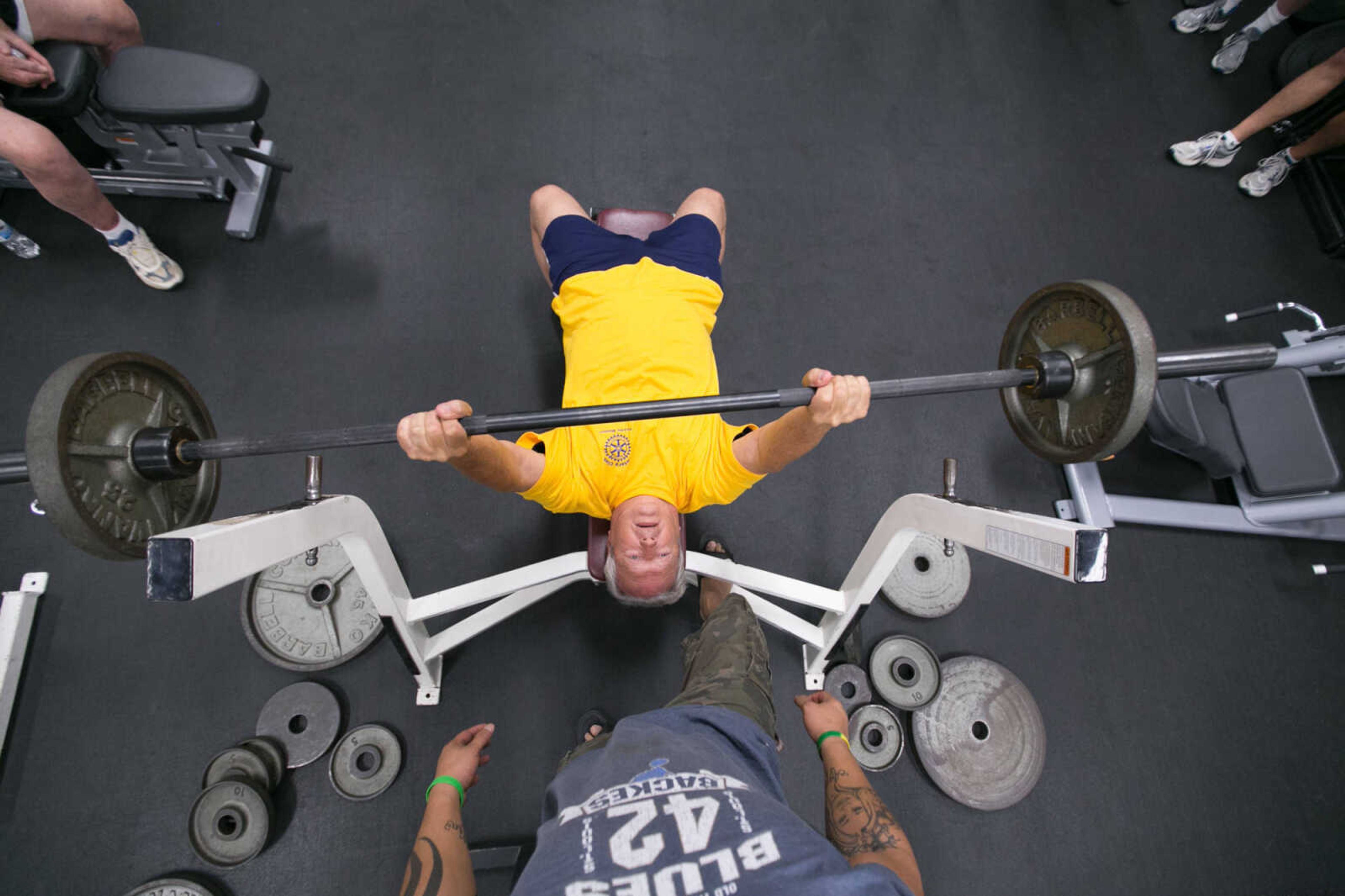 GLENN LANDBERG ~ glandberg@semissourian.com

Alan Schenck, 69, puts up a rep in the bench press competition during the Southeast Missouri Senior Games in Perryville, Missouri Wednesday, Aug. 19, 2015.