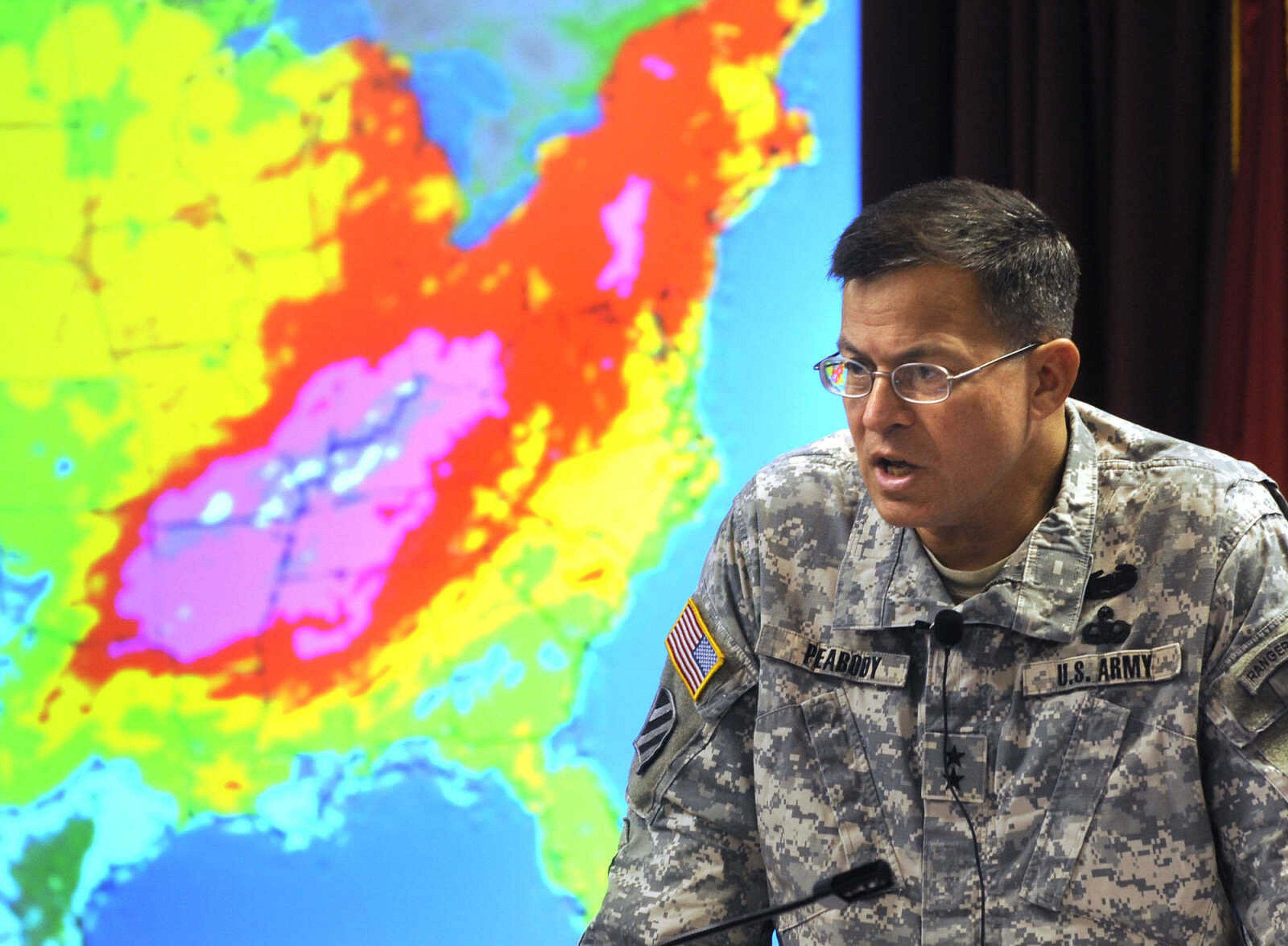 FRED LYNCH ~ flynch@semissourian.com
Maj. Gen. John W. Peabody, a member of the Mississippi River Commission, speaks Monday, Aug. 15, 2011 at New Madrid, Mo.