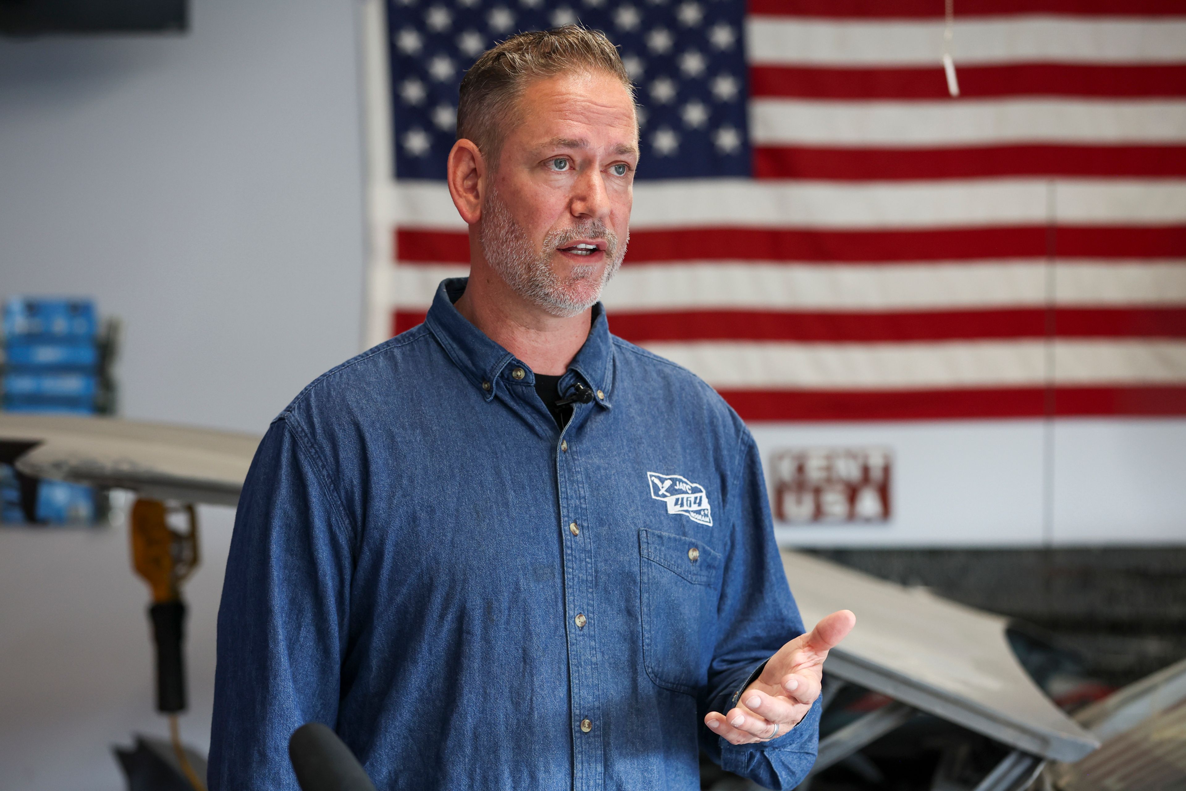 FILE - Dan Osborn, Independent candidate for U.S. Senate, speaks during a news conference announcing he will not accept any party or political endorsements, May 15, 2024, at his Omaha, Neb. home. (Nikos Frazier/Omaha World-Herald via AP, File)