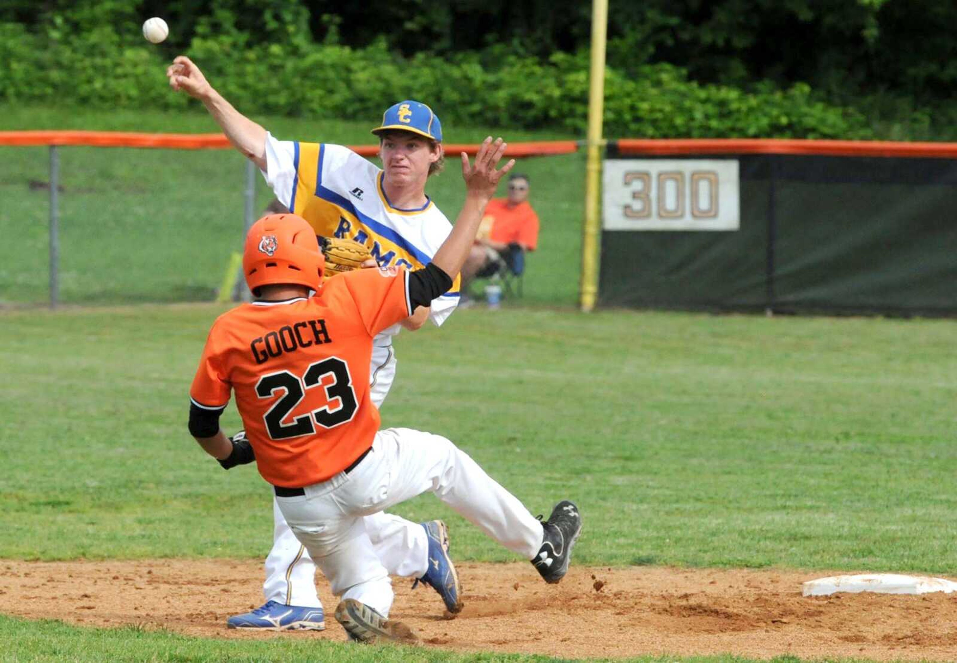 Clearwater's Ty Gooch (23) tries to break up the double play as Scott City second baseman Hunter Copeland throws to first during the MSHSAA Class 3 quarterfinals on Wednesday in Piedmont.