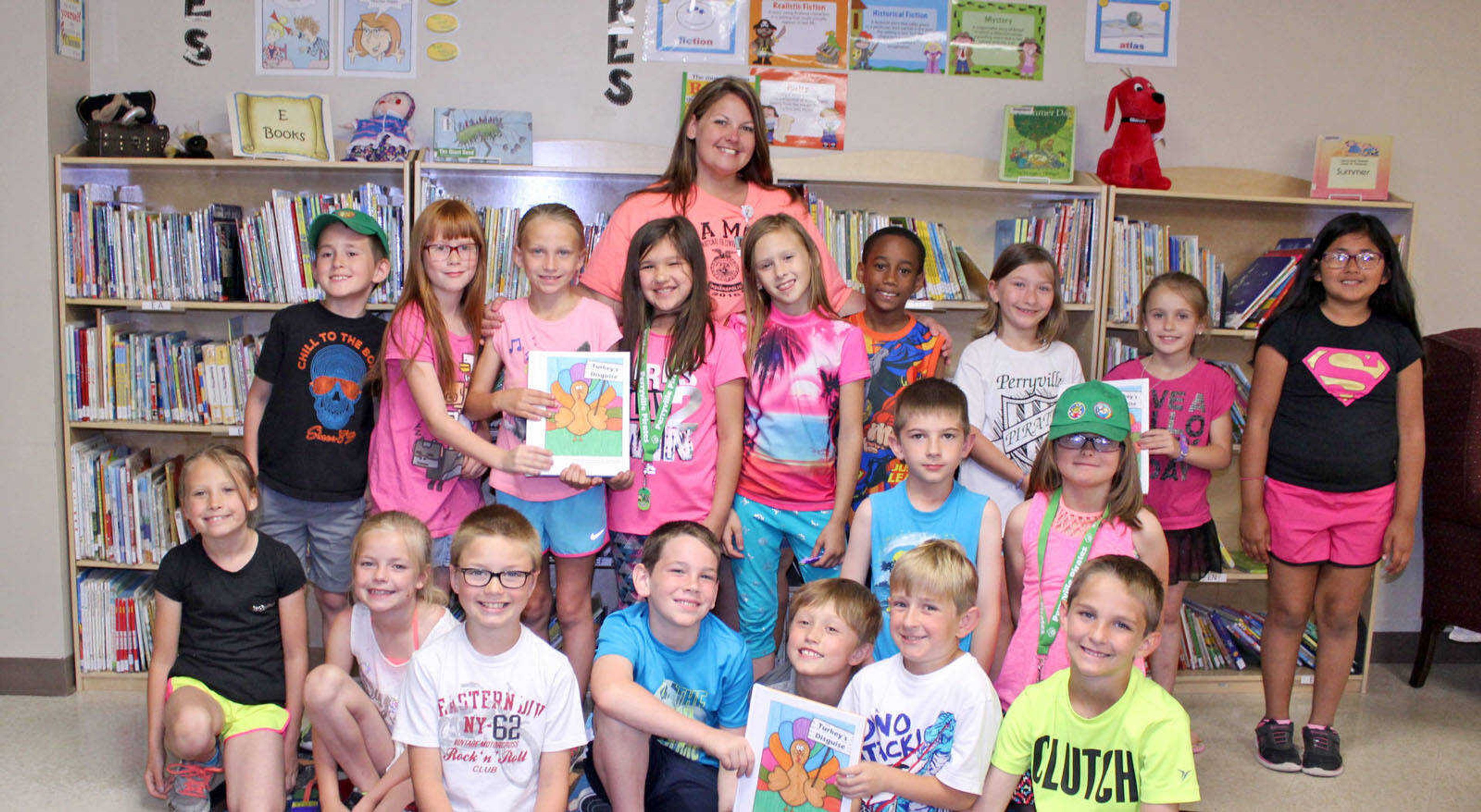 Mrs. Valerie Stueve’s class at Perryville Elementary School has published a book called “Turkey’s Disguise,” winning Studentreasures Publishings’ National Book Challenge  for the 2016-17 school year.  The young authors, pictured with Mrs. Stueve are (front, from left) Autumn Bohnert, Lexi Schemel, Isreal Graham, Riley Jackson, Titus Zahner, Ryan Traut, Jackson Stark.  Row 2 (kneeling) —Justen Geile, Serenity Cook.  Back — Colton Richardet, Milegh Gibbs, Emma Blechle, Jillian Gibbs, Mrs. Valerie Stueve, Claire Zahner, John Turner, Paige Flentge, Autumn McMahan, Guadalupe Banda-Moreno. Not Pictured - Brayden Cole.