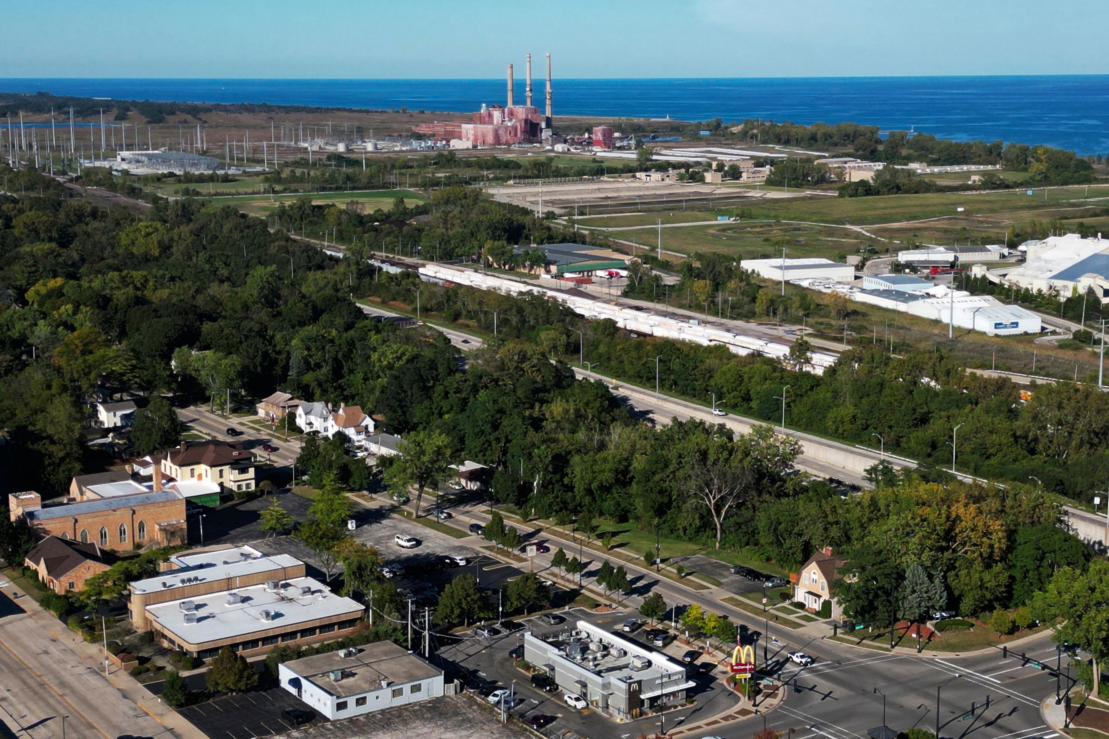 An aerial view of buildings in Waukegan, Ill., Thursday, Sept. 26, 2024. (AP Photo/Nam Y. Huh)