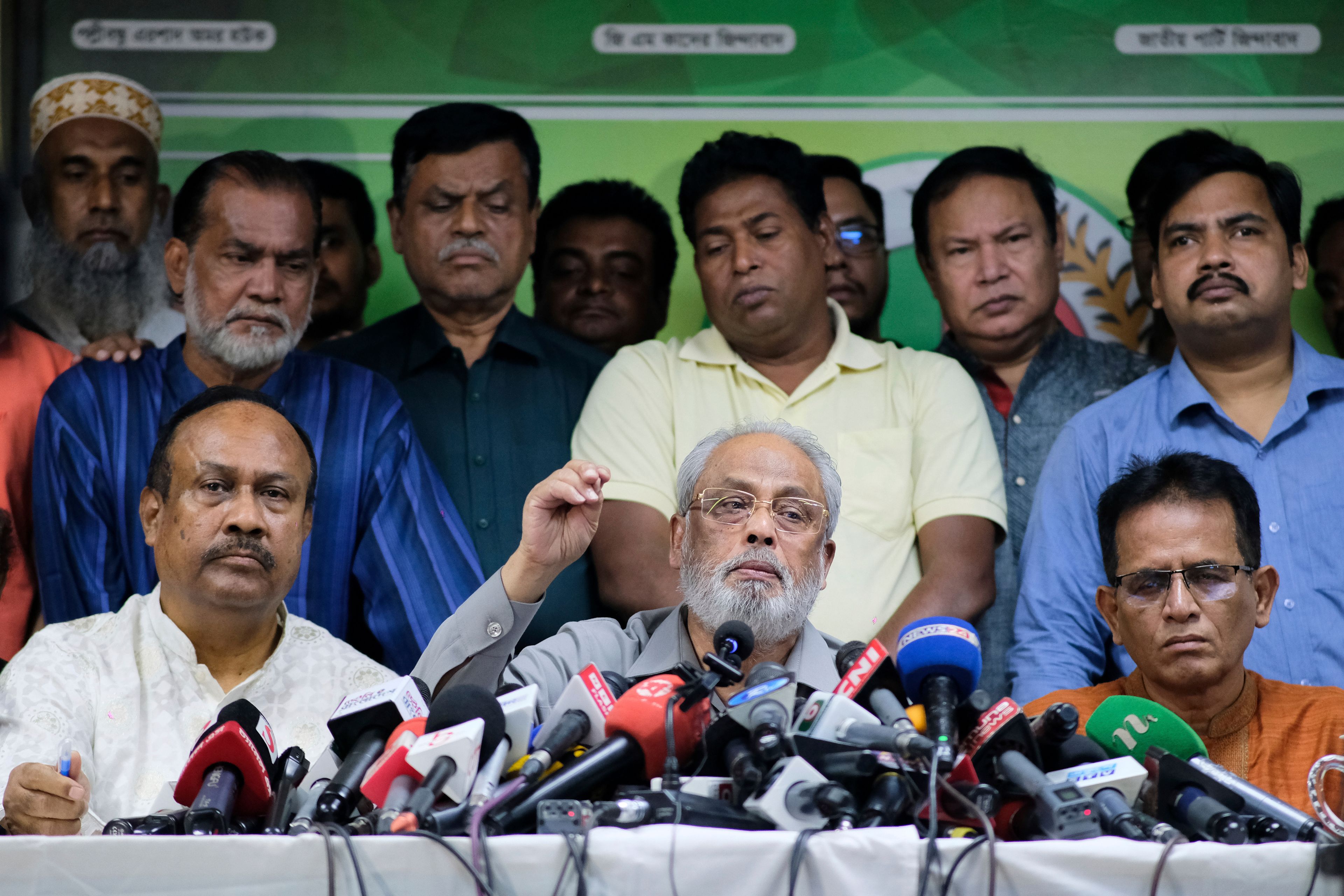 GM Quader, chairperson of the Jatiya Party, that supports the country's ousted leader Sheikh Hasina, speaks to the media about Thursday's attacks on his party's offices in Dhaka, Bangladesh, Friday, Nov. 1, 2024. (AP Photo/Mahmud Hossain Opu)