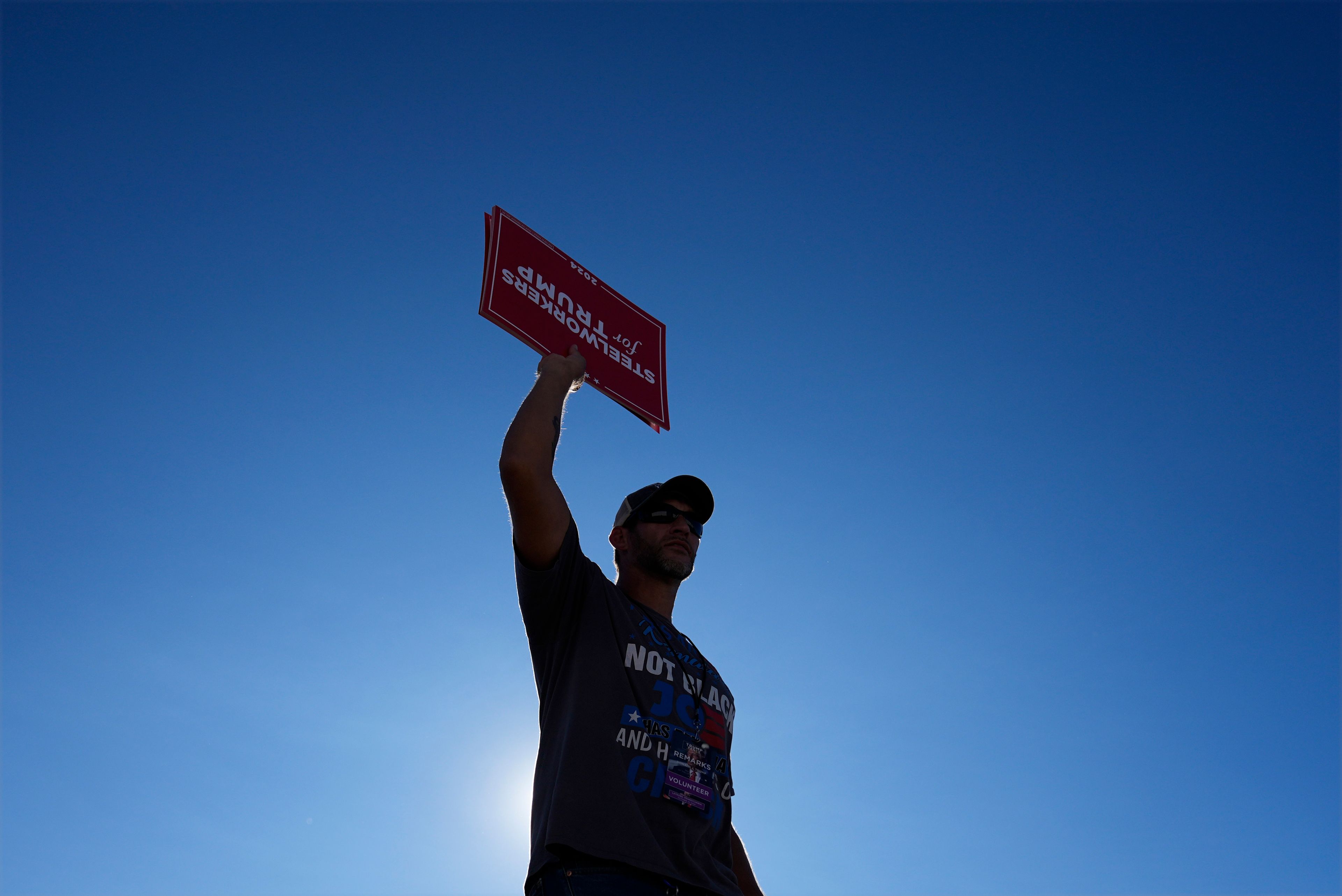 A supporter arrives before Republican presidential nominee former President Donald Trump speaks at a campaign rally, Saturday, Oct. 19, 2024, at Arnold Palmer Regional Airport in Latrobe, Pa. (AP Photo/Matt Rourke)