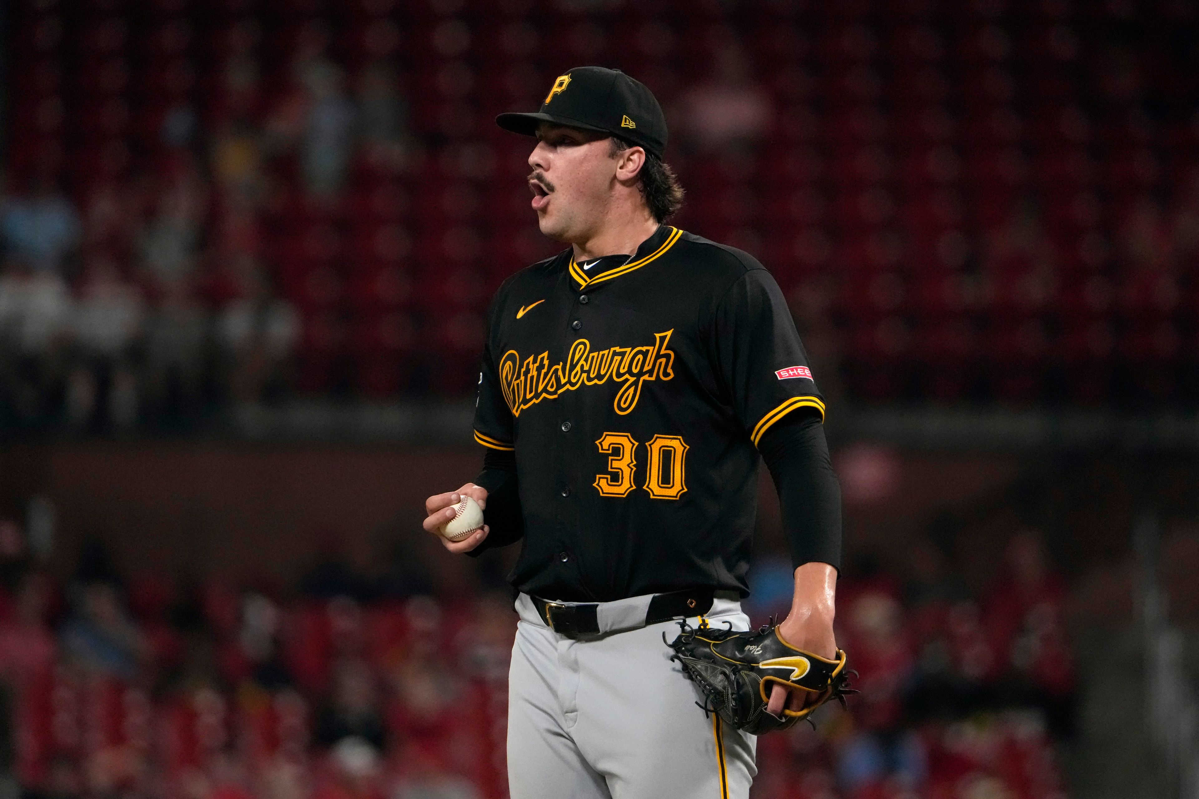 Pittsburgh Pirates starting pitcher Paul Skenes pauses after giving up an RBI single to St. Louis Cardinals' Nolan Arenado during the fourth inning of a baseball game Monday, Sept. 16, 2024, in St. Louis. (AP Photo/Jeff Roberson)