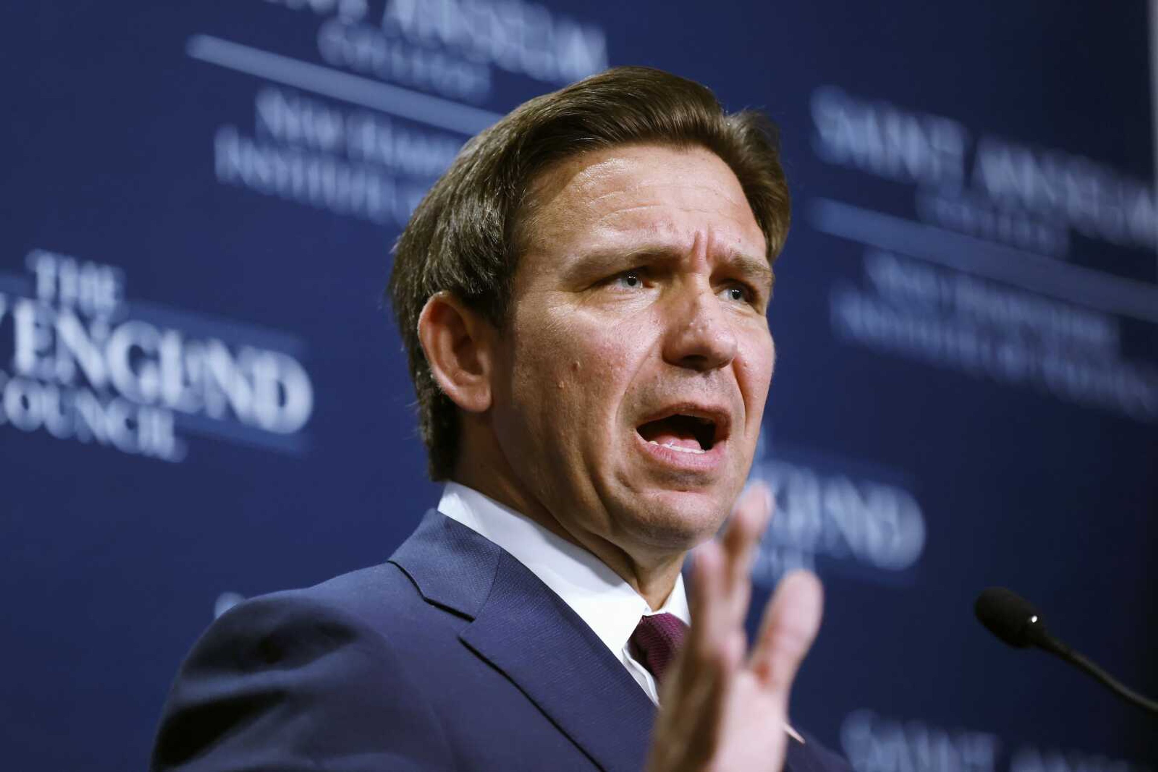 FILE - Republican presidential candidate, Florida Gov. Ron DeSantis, speaks during the Politics & Eggs program at Saint Anselm College, Friday, Oct. 13, 2023, in Manchester, N.H. DeSantis's administration is linking a pro-Palestinian student organization to terrorism and is ordering state universities to ban the group from campuses, saying it illegally backs Hamas militants who attacked Israel on Oct. 7. (AP Photo/Michael Dwyer, File)