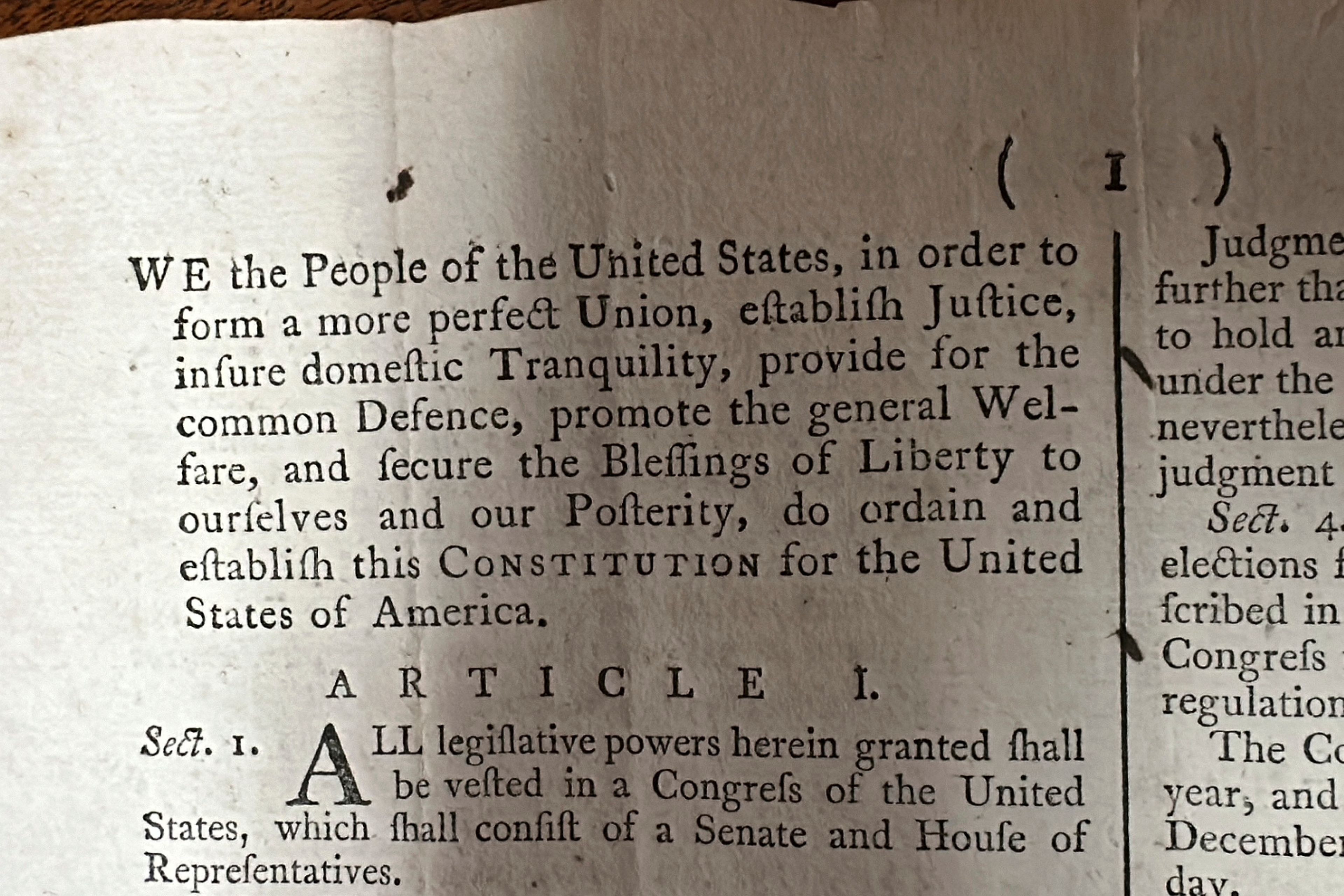 FILE - Part of an 1787 copy of the U.S. Constitution that will be put up for auction is shown at Brunk Auctions in Asheville, North Carolina, on Sept. 5, 2024. (AP Photo/Jeffrey Collins, file)