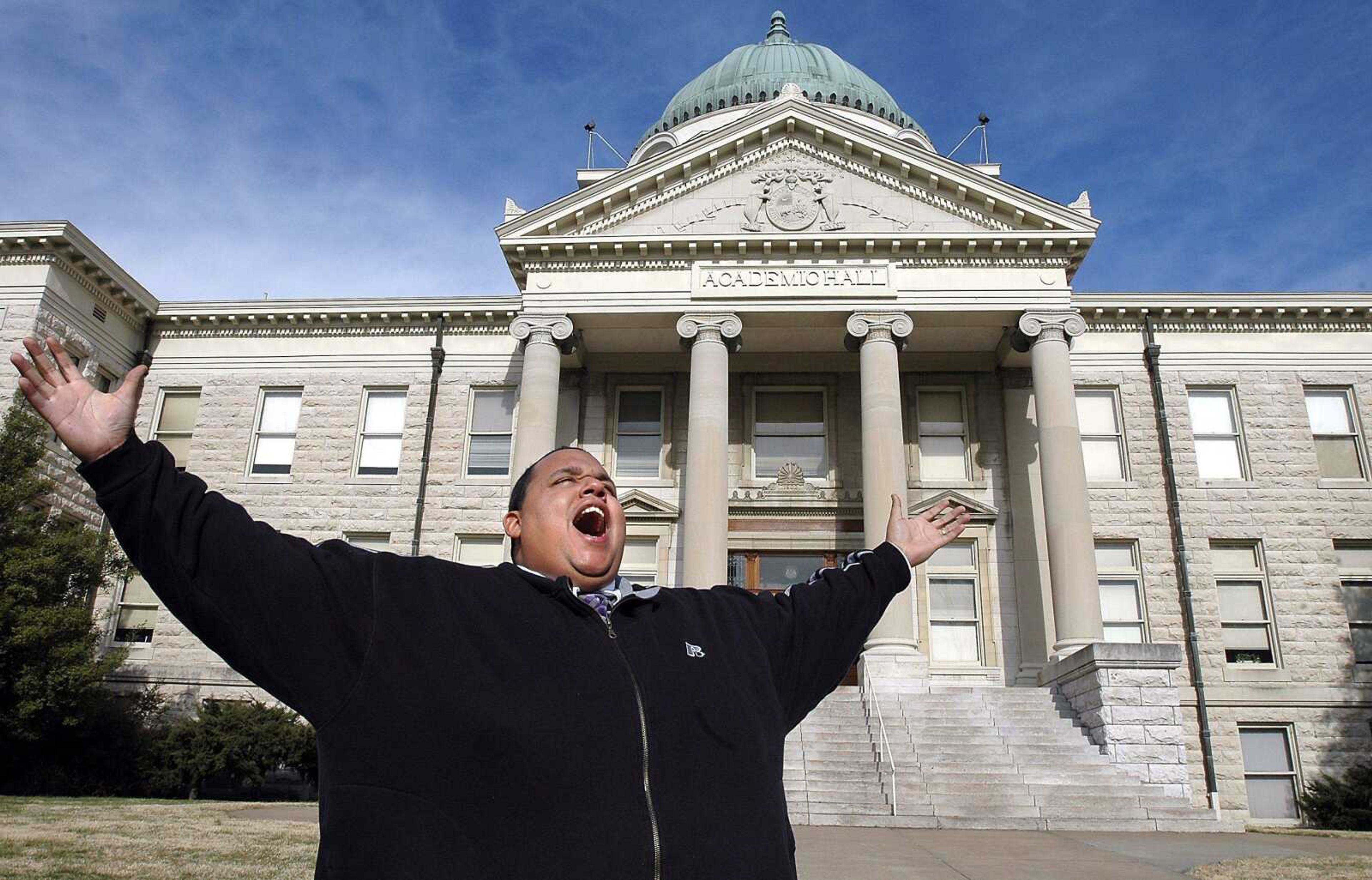 &#8220;America&#8217;s Got Talent&#8221; winner Neal E. Boyd of Sikeston, Mo., strikes an operatic pose in front of Southeast Missouri State University&#8217;s Academic Hall in 2005. Boyd is running for a Missouri House seat in the 149th District. (Southeast Missourian file)