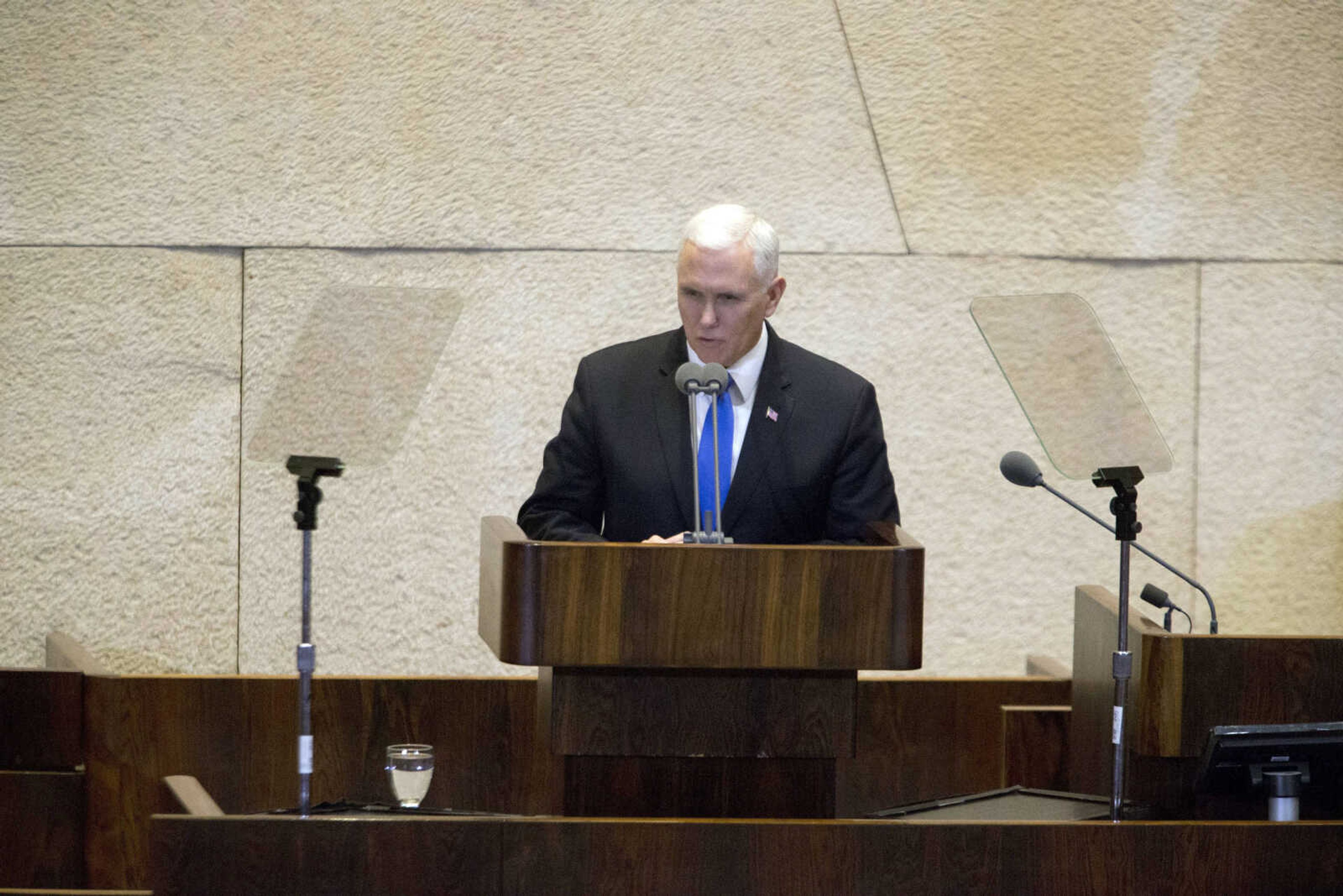 U.S. Vice President Mike Pence speaks in Israel's parliament Monday in Jerusalem.