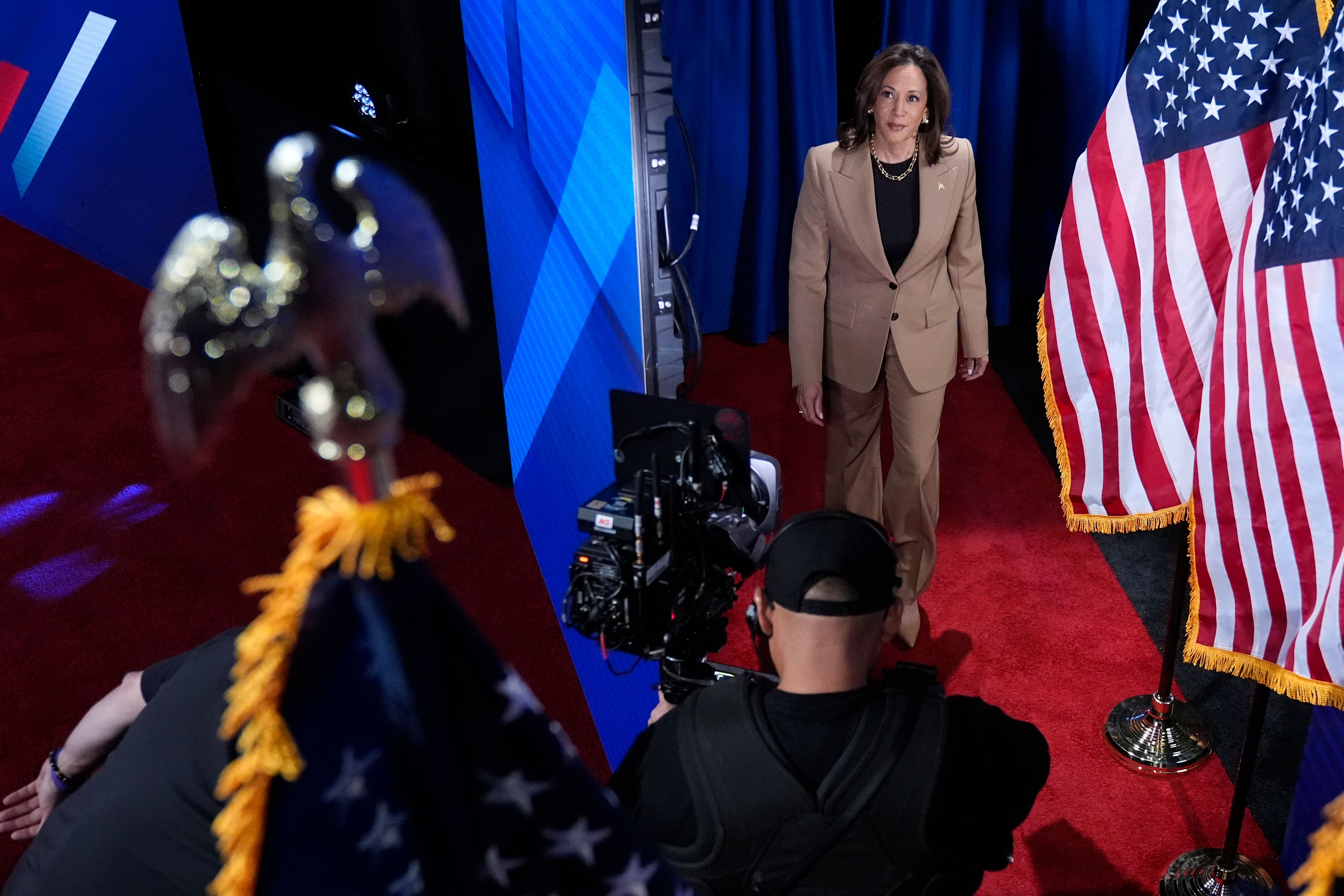 Democratic presidential nominee Vice President Kamala Harris arrives at a Town Hall event hosted by Univision, Thursday, Oct. 10, 2024, at the University of Nevada Las Vegas. (AP Photo/Jacquelyn Martin)