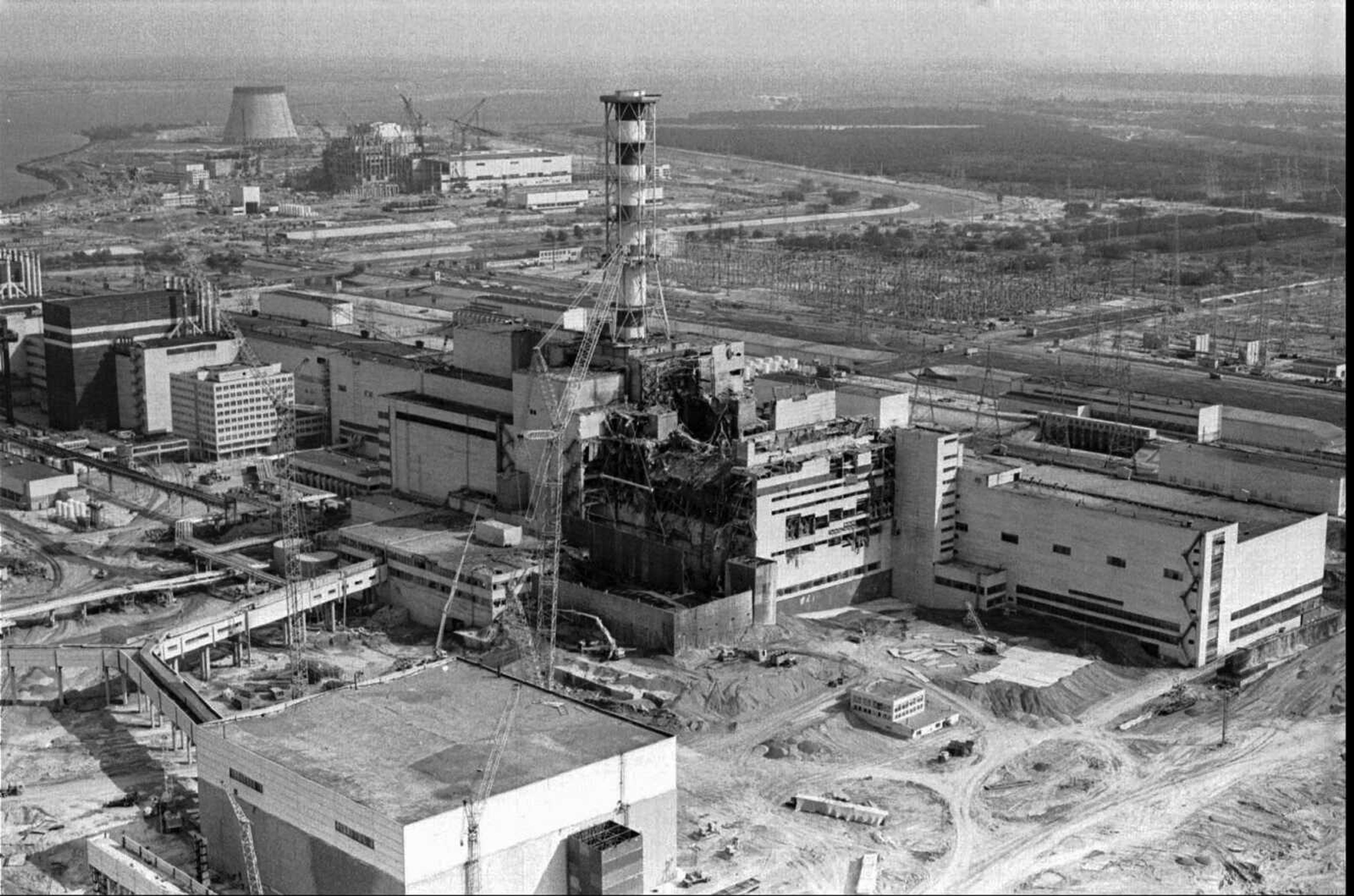 An aerial view of the Chernobyl nuclear plant, with damage from an explosion and fire in Reactor No. 4 that sent large amounts of radioactive material into the atmosphere, is seen April 26, 1986.