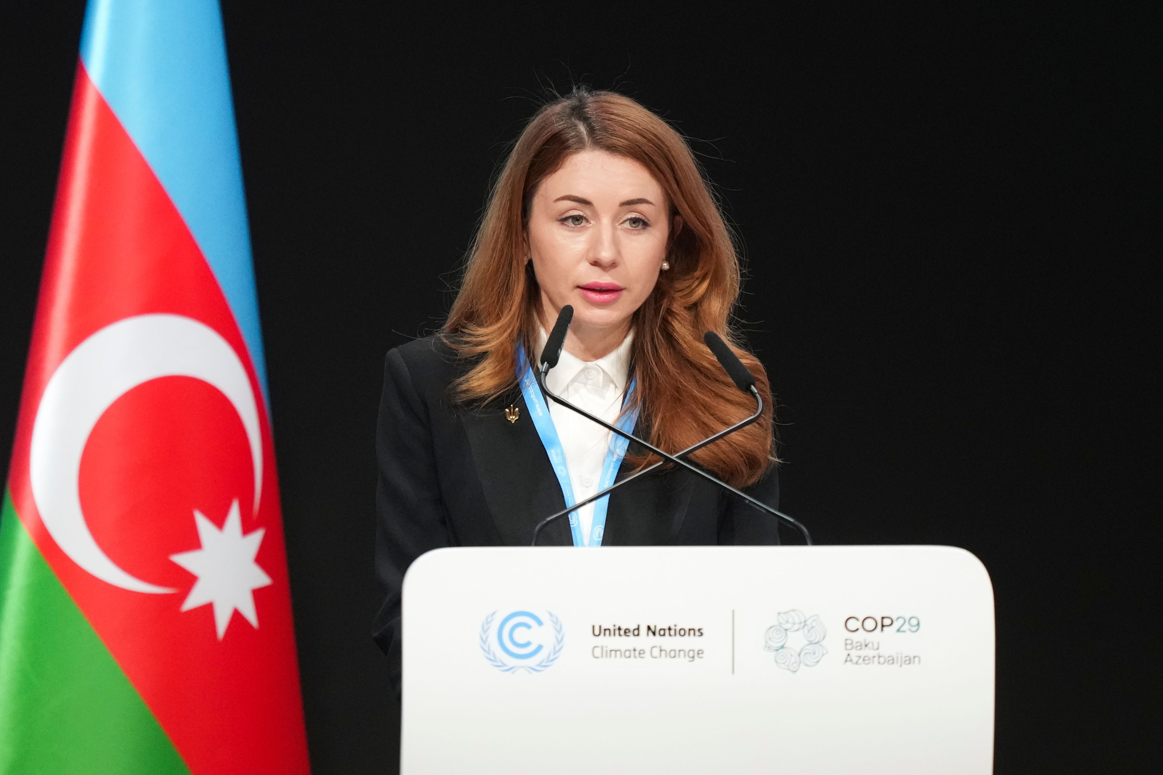 Ukraine Environment Minister Svitlana Grynchuk speaks during a plenary session at the COP29 U.N. Climate Summit, Wednesday, Nov. 20, 2024, in Baku, Azerbaijan. (AP Photo/Sergei Grits)