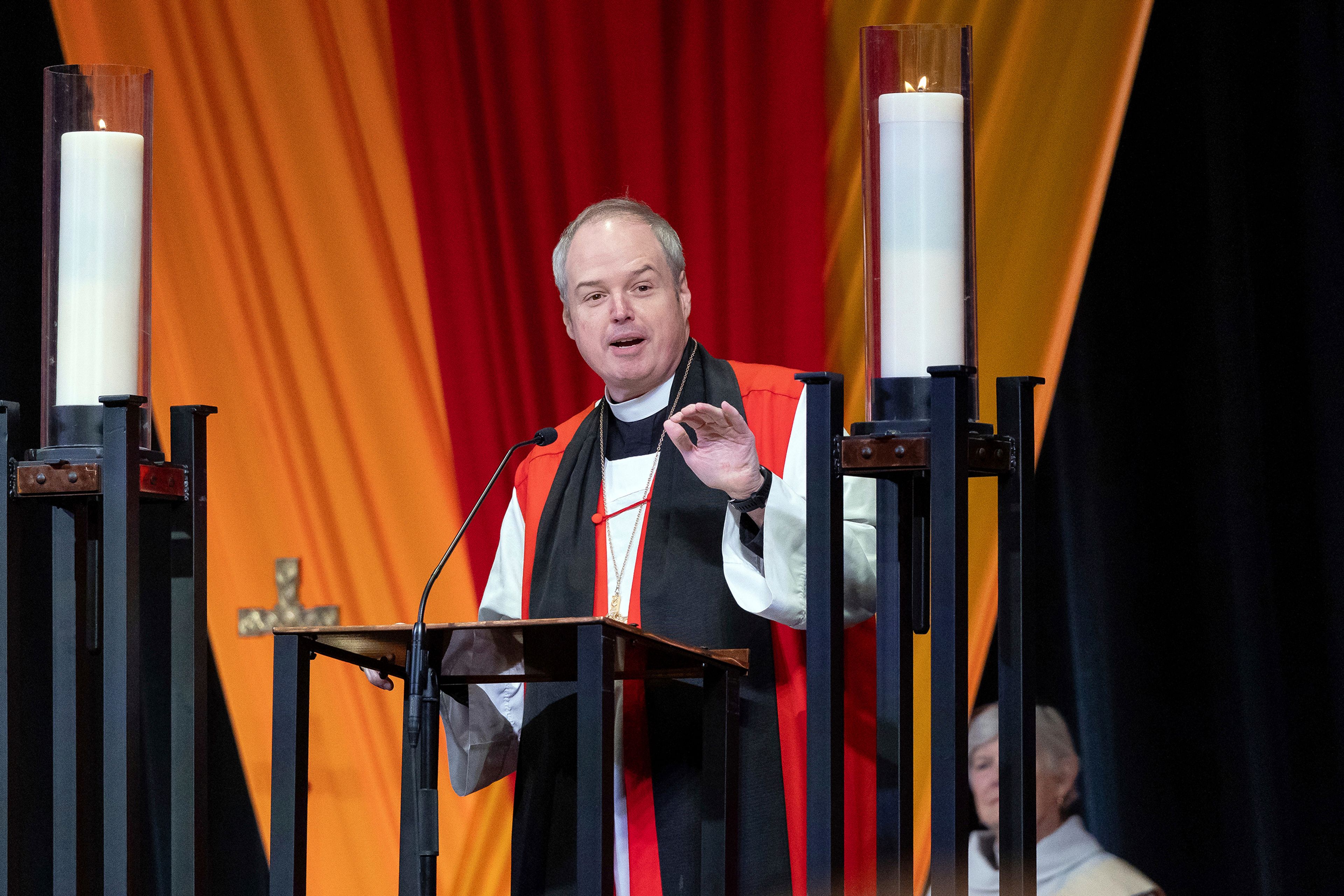 Presiding Bishop-elect Sean Rowe delivers a sermon at the closing Eucharist service of the Episcopal Church General Convention, June 28, 2024, in Louisville, Ky. (Randall Gornowich/The Episcopal Church via AP)