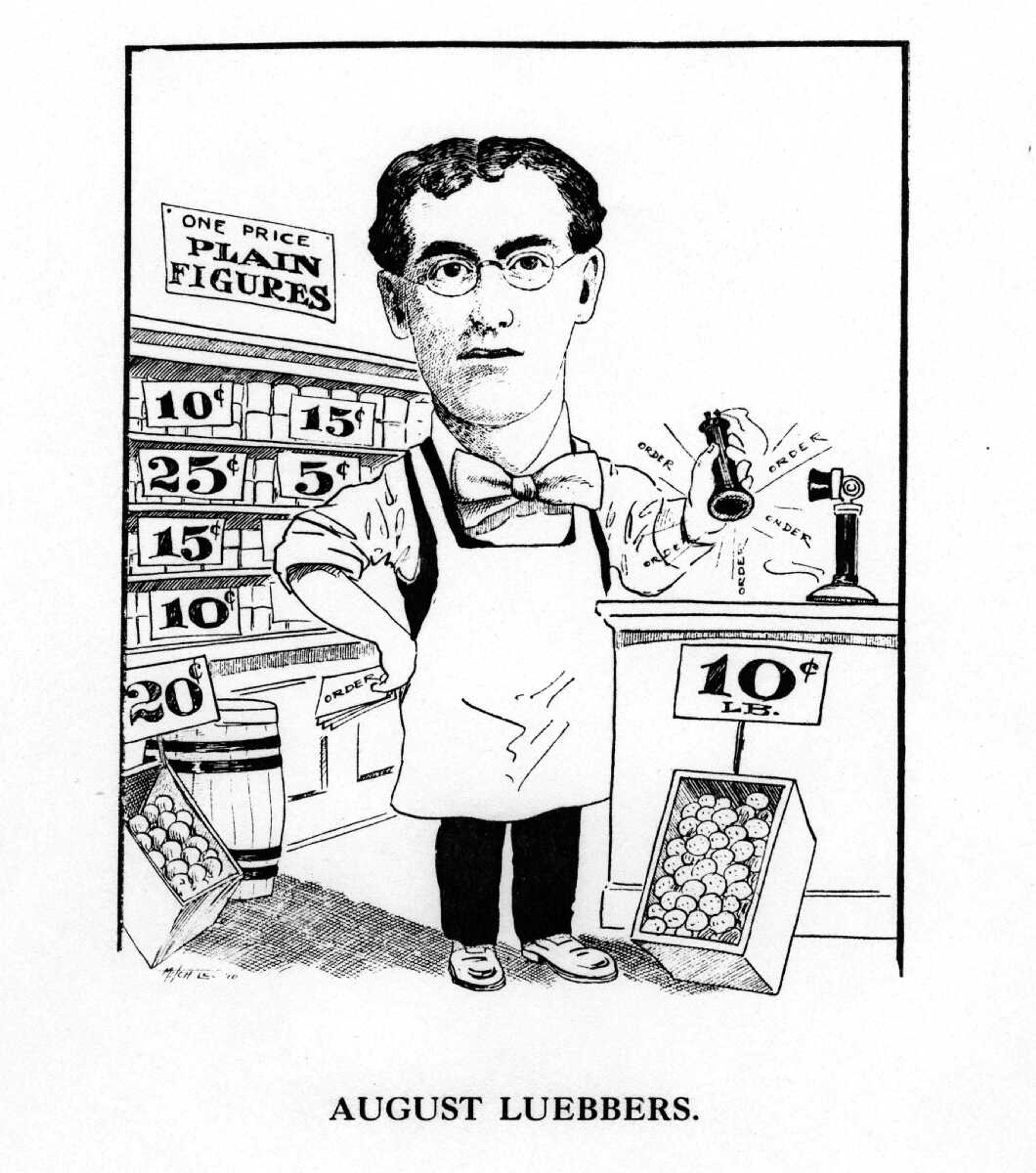 Beginning several years ago in a small grocery store on Spanish street, which was conducted judiciously and progressively, with a determination to give every one a square deal, August Luebbers has reaped the benefits of his business acumen and accommodating policy in generous patronage. He has moved into larger quarters at No. 711 Broadway, where, by employing the same tactics of keeping only the best of goods, and of being content with fair profits his business has grown apace. Mr. Luebbers is one of the progressive young business men of the city, and is at all times ready to do his share in advancing the town's interests.