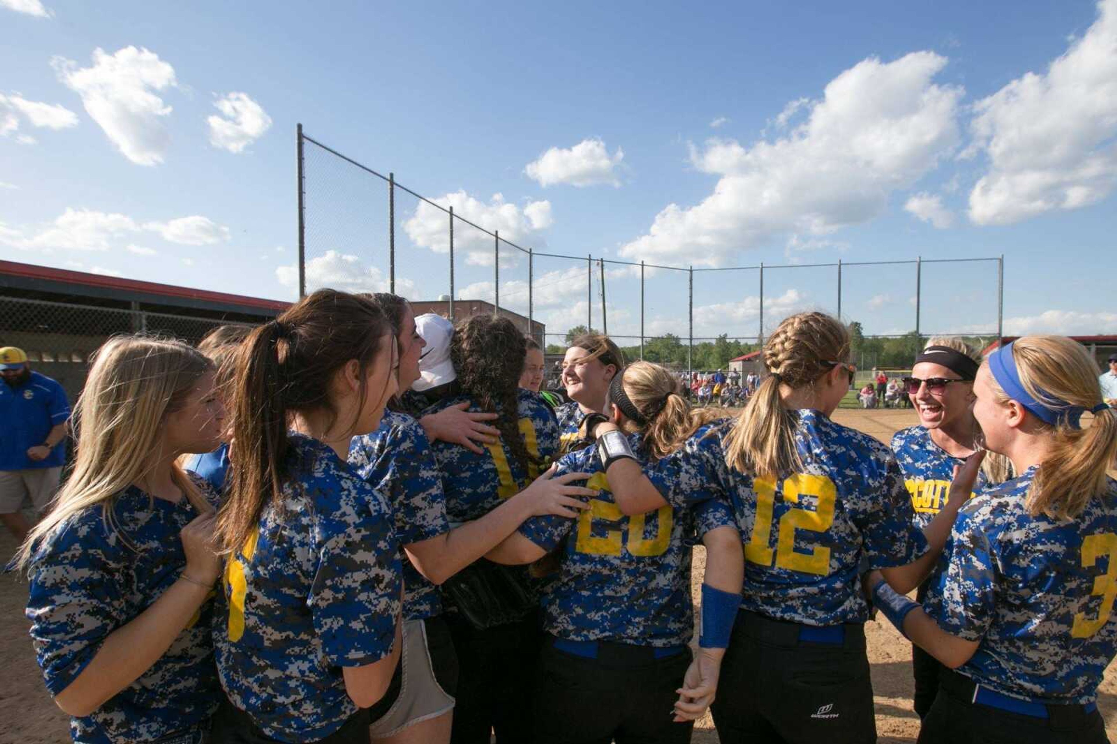 Scott City players celebrate their 7-6 win over Oran during the Class 1 District 4 championship game Wednesday, May 4, 2016 in Marble Hill, Missouri.