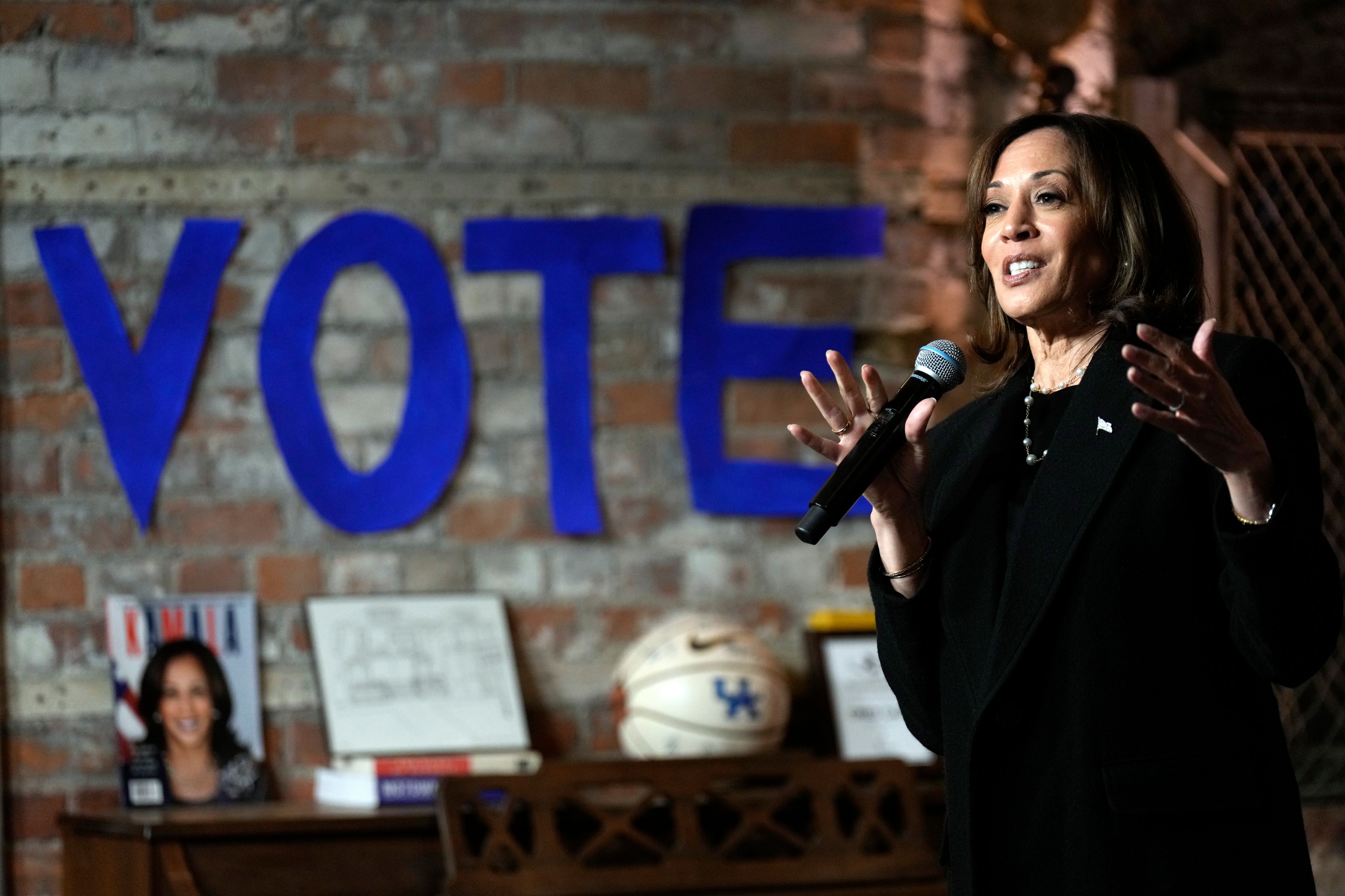 Democratic presidential nominee Vice President Kamala Harris speaks during a stop at Cred Cafe, a local Detroit small business owned by former NBA players Joe and Jamal Crawford, in Detroit, Tuesday, Oct. 15, 2024. (AP Photo/Jacquelyn Martin)