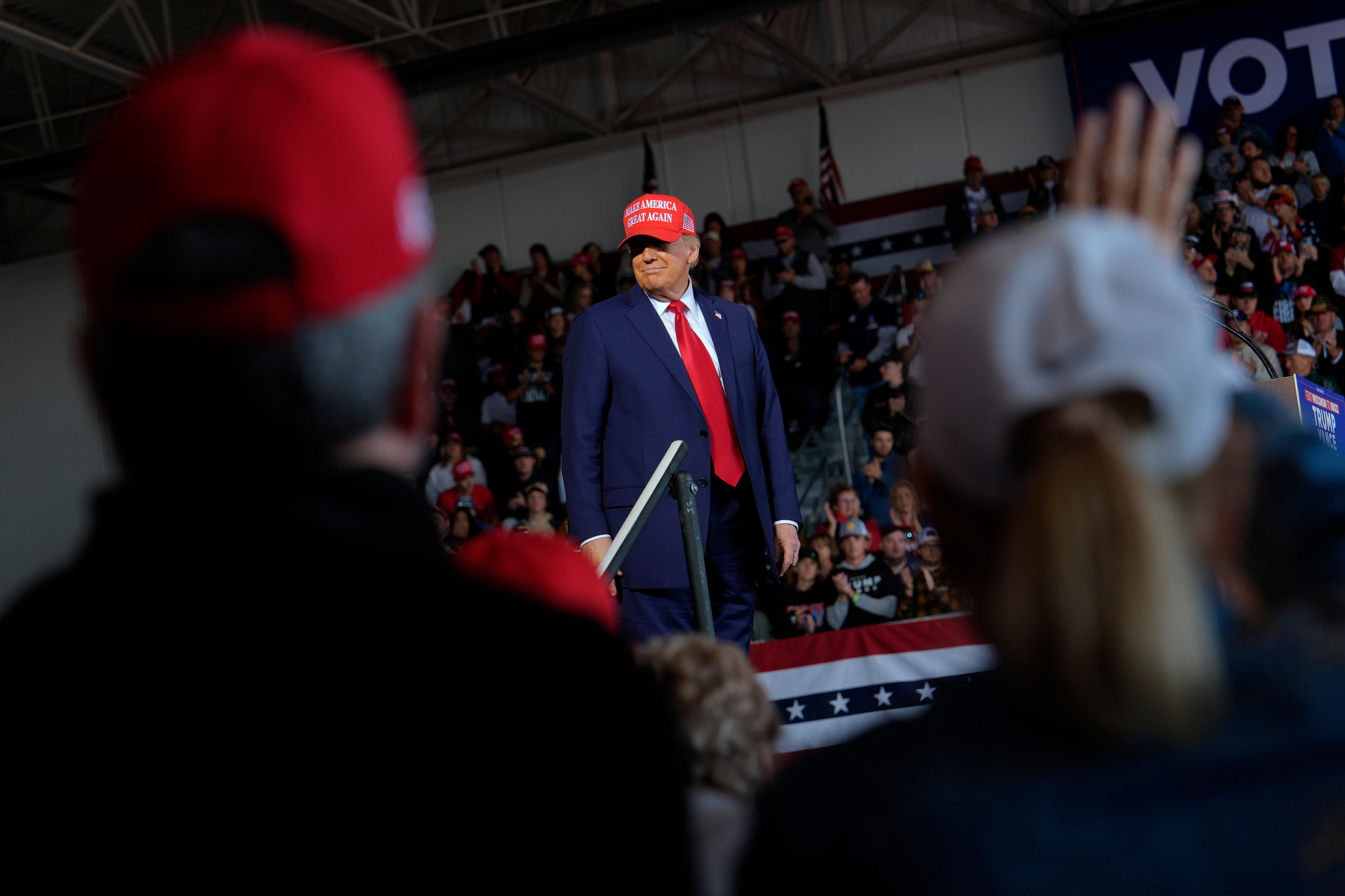 Republican presidential nominee former President Donald Trump speaks during a campaign rally at Dodge County Airport, Sunday, Oct. 6, 2024, in Juneau, Wis. (AP Photo/Julia Demaree Nikhinson)