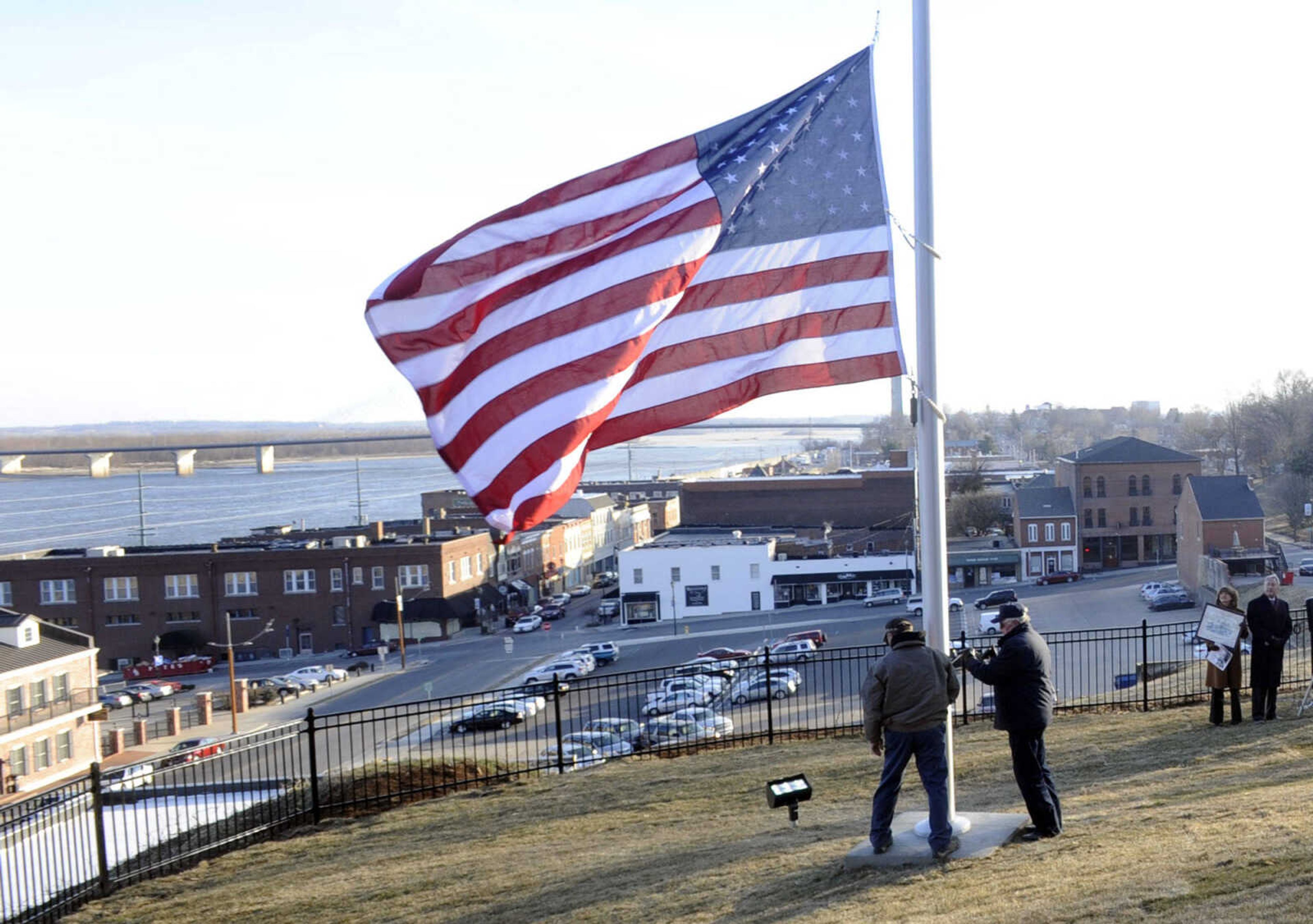 The flag is raised at the Fort A Civil War site above North Main Street Friday, Feb. 13, 2015 in Cape Girardeau.