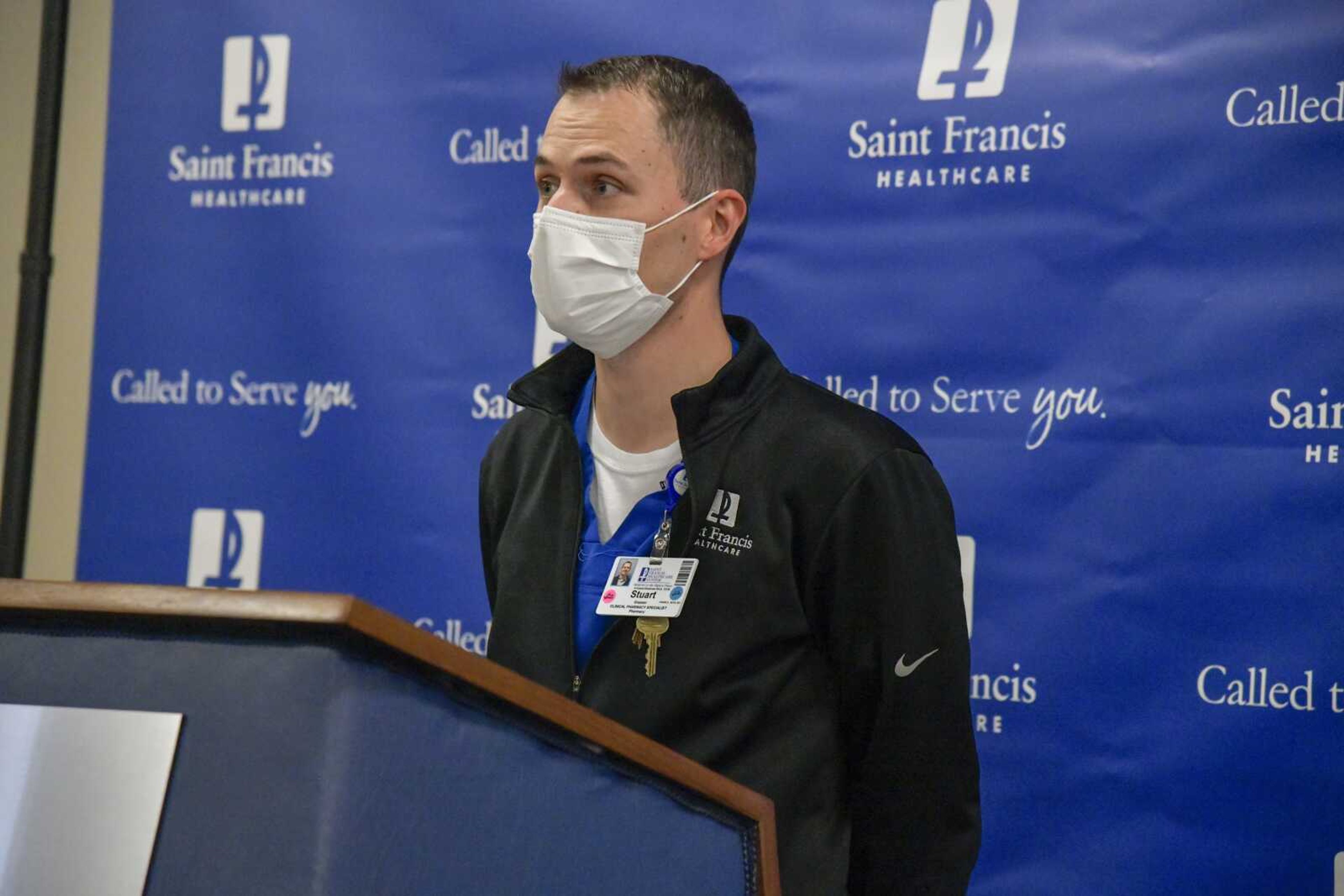 Clinical pharmacy specialist Stuart Greaser speaks during Thursday's news conference about COVID-19 care at Saint Francis Medical Center in Cape Girardeau.