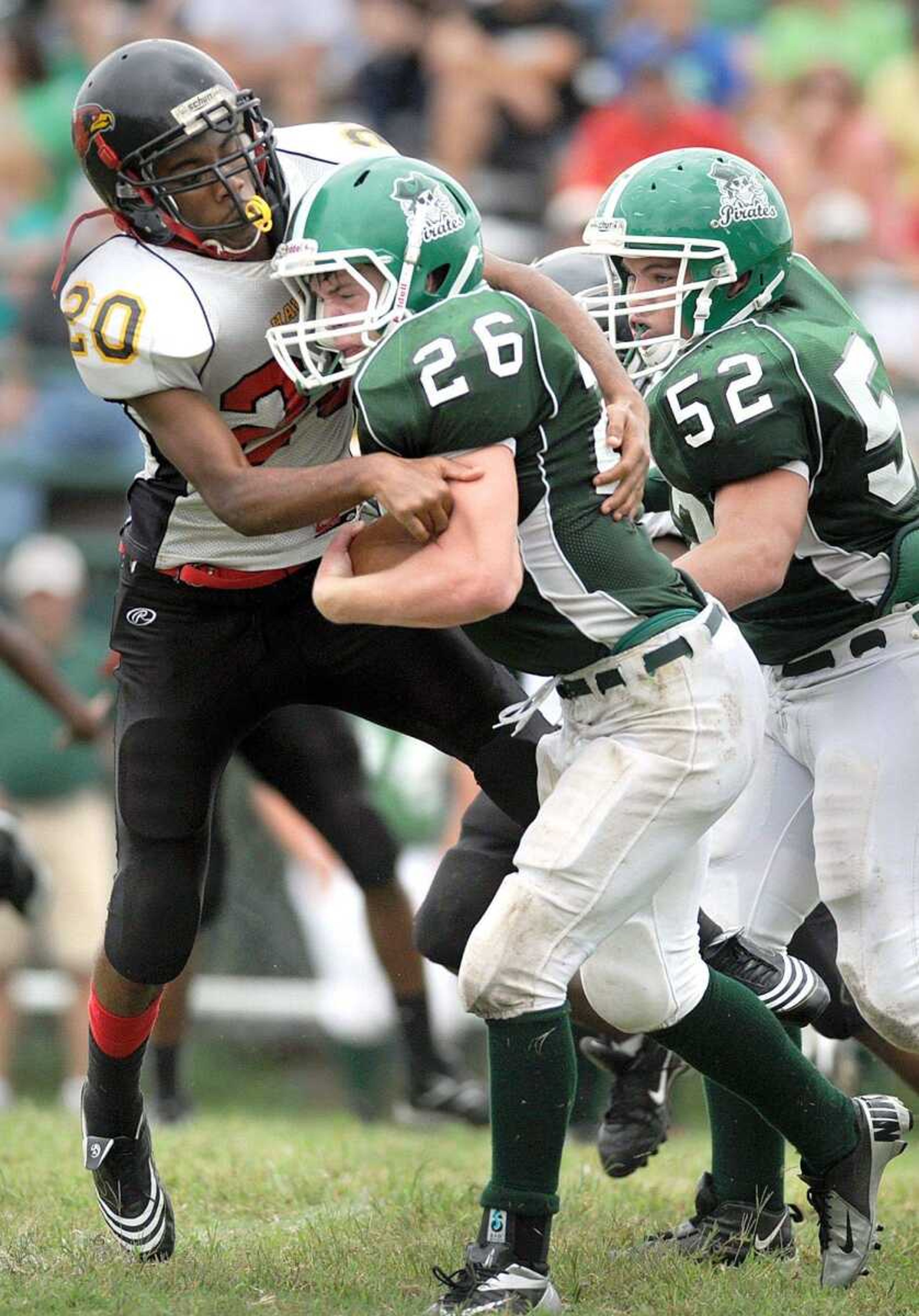 Lift for Life linebacker Kaleb Strong takes down Perryville running back Cody Crawford during the first quarter Monday in Perryville, Mo. Perryville won 13-12. (Laura Simon)