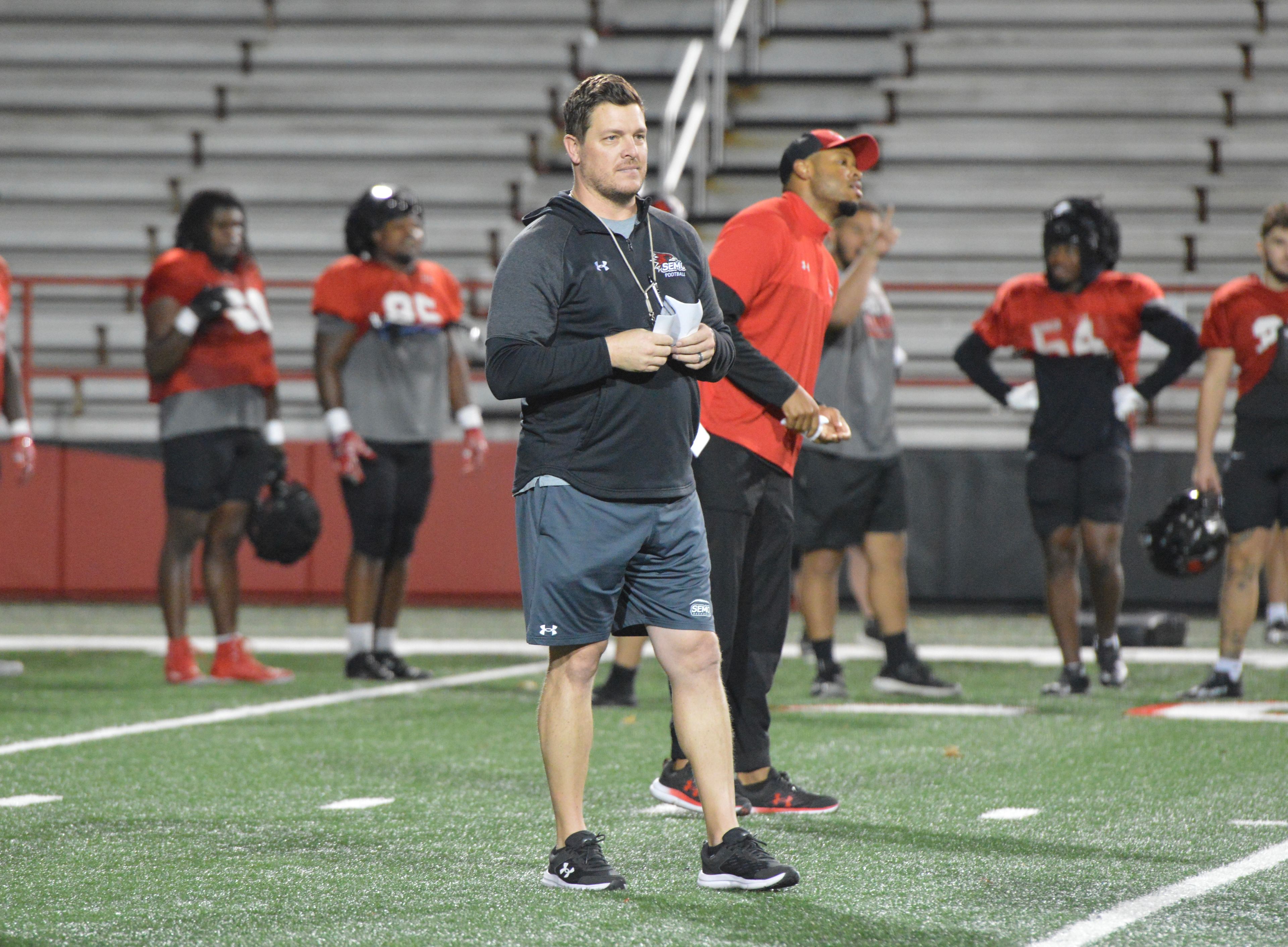 SEMO offensive coordinator Jeromy McDowell watches his offense run a play during practice on Tuesday, Nov. 19.