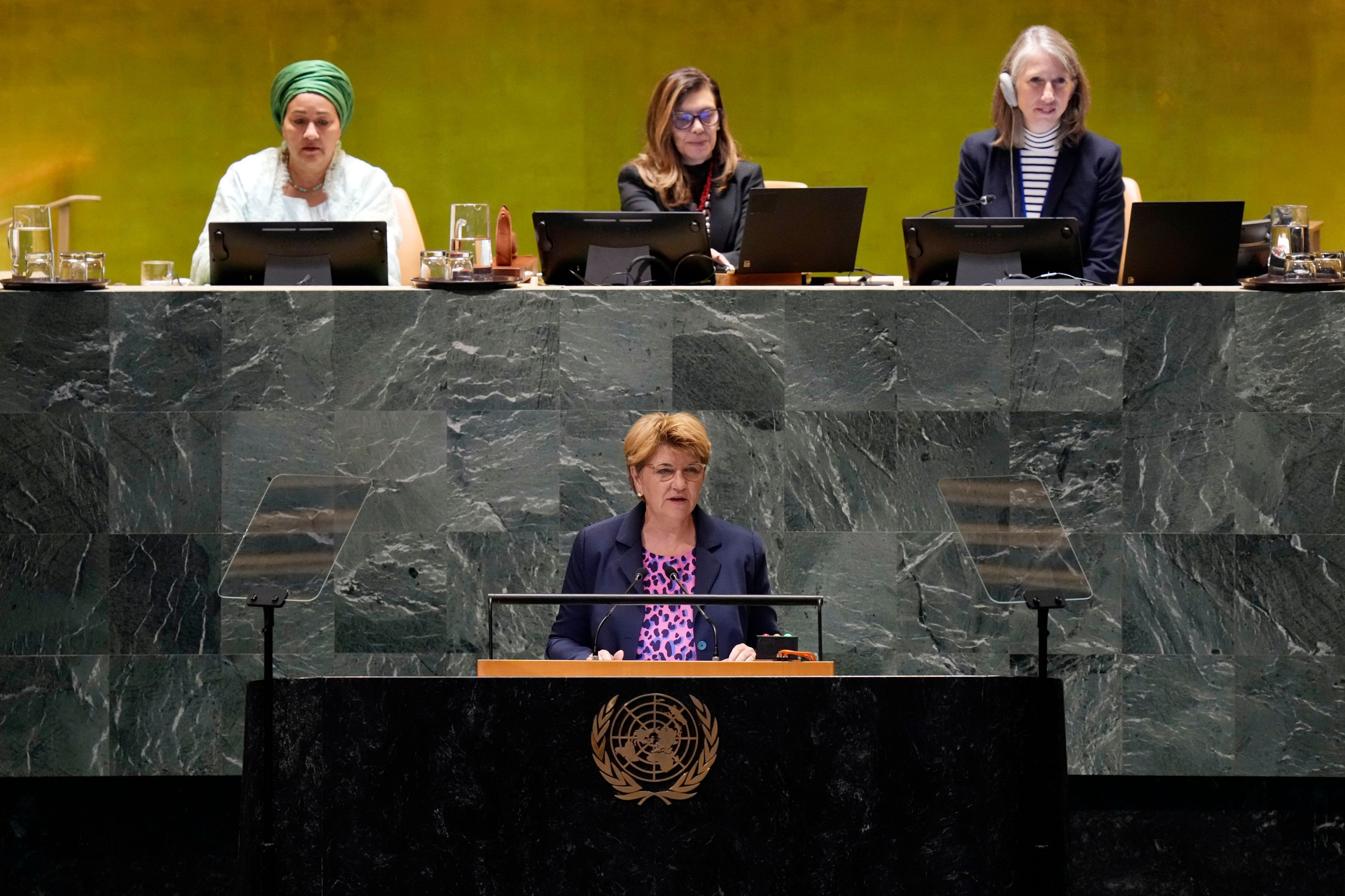 Switzerland President Viola Amherd addresses the 79th session of the United Nations General Assembly, Tuesday, Sept. 24, 2024. (AP Photo/Richard Drew)