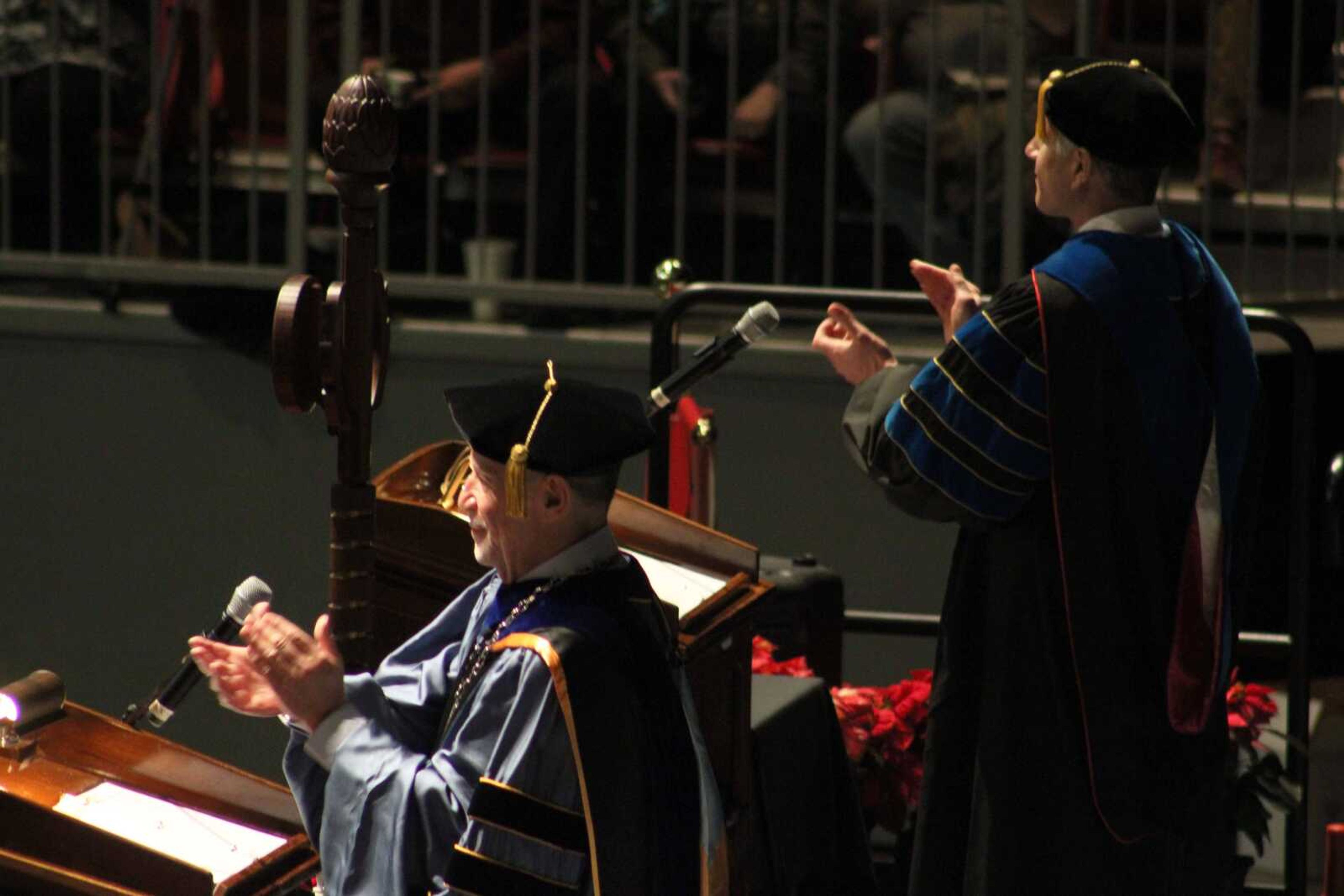 Southeast Missouri State University President Carlos Vargas and Provost Mike Godard clap for graduates in the College of Education, Health and Human Studies, and the College of Science, Technology, Engineering and Mathematics during SEMOвЂ™s afternoon Fall Commencement Ceremony Saturday, Dec. 18, 2021, at the Show Me Center in Cape Girardeau.