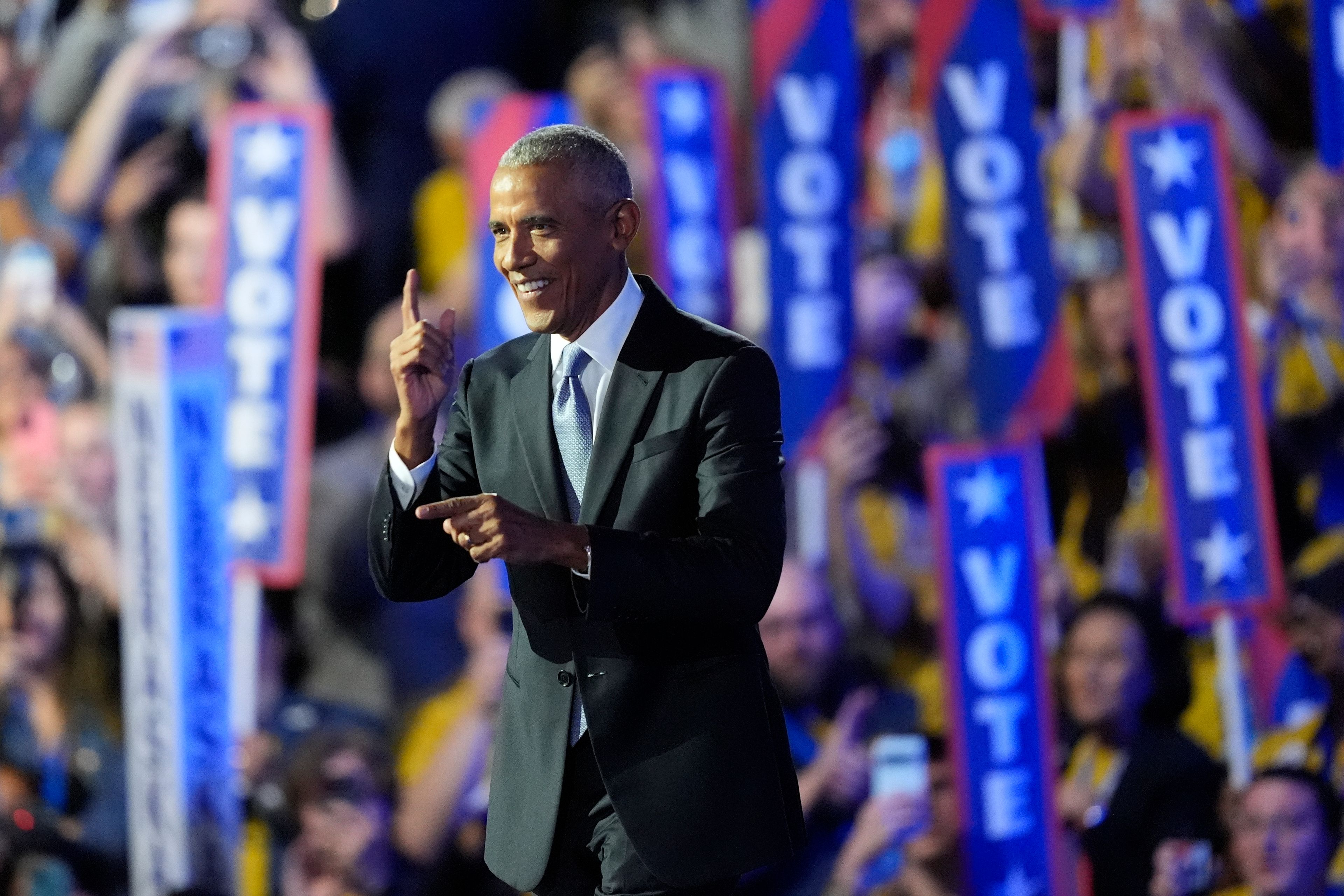 Former President Barack Obama speaks during the Democratic National Convention Tuesday, Aug. 20, 2024, in Chicago. (AP Photo/Charles Rex Arbogast)