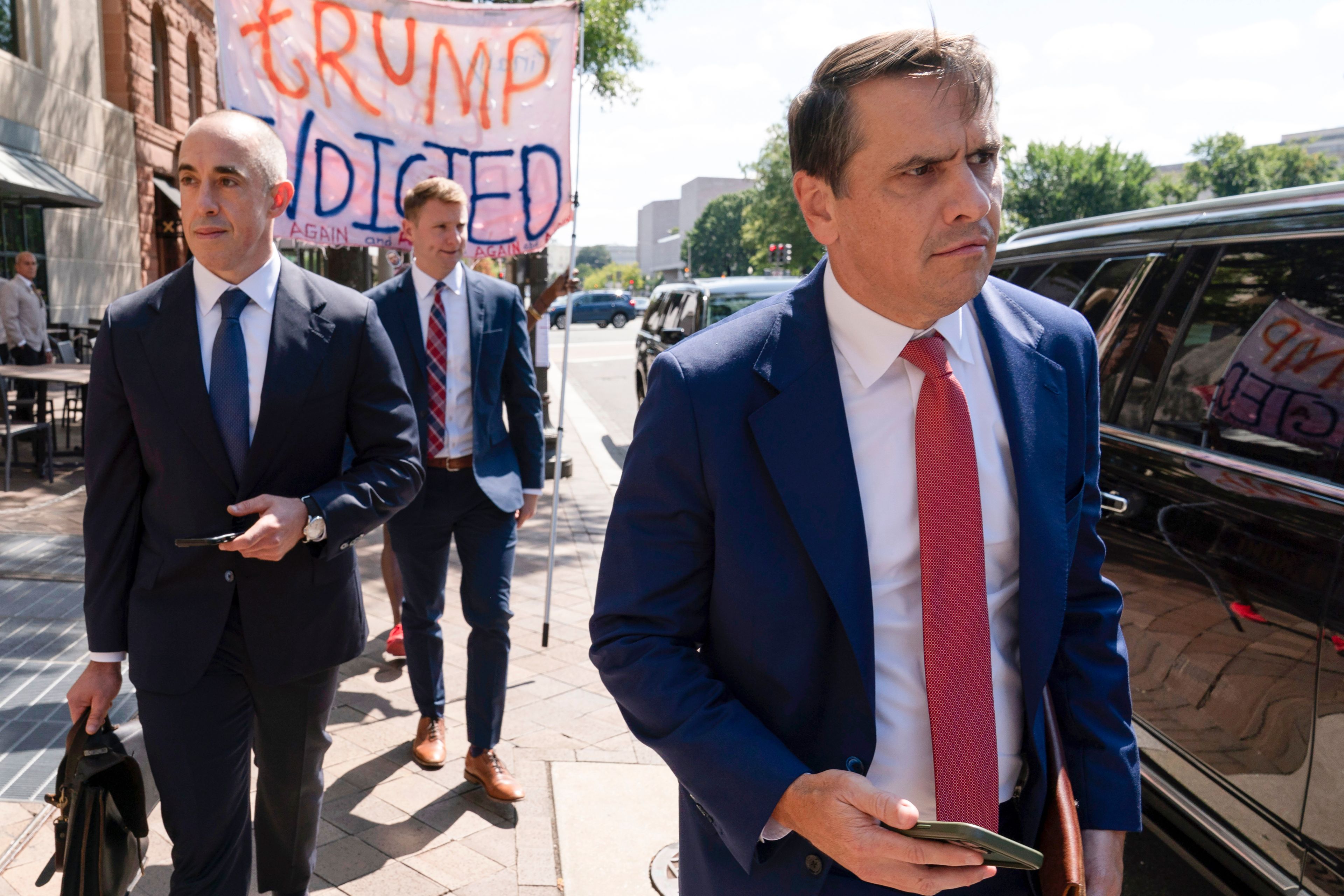 Former President Donald Trump attorneys Emil Bove, left, and Todd Blanche, right, leave the U.S. Federal Courthouse, after a hearing, Thursday, Sep. 5, 2024, in Washington. A judge is hearing arguments about potential next steps in the federal election subversion prosecution of Donald Trump in the first hearing since the Supreme Court narrowed the case by ruling that former presidents are entitled to broad immunity from criminal charges. (AP Photo/Jose Luis Magana)