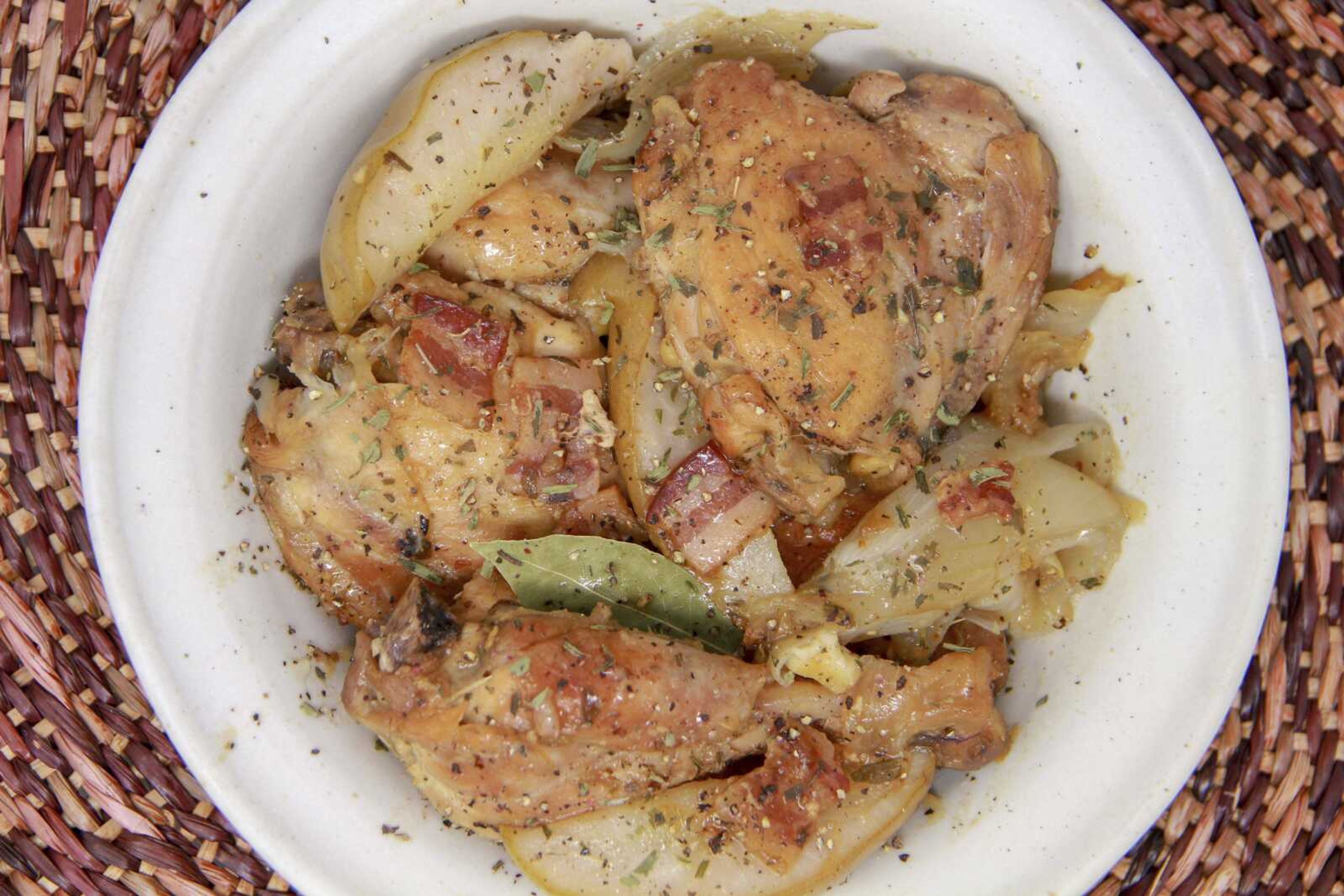 Chicken with pears and cider from a recipe by Melissa d'Arabian.