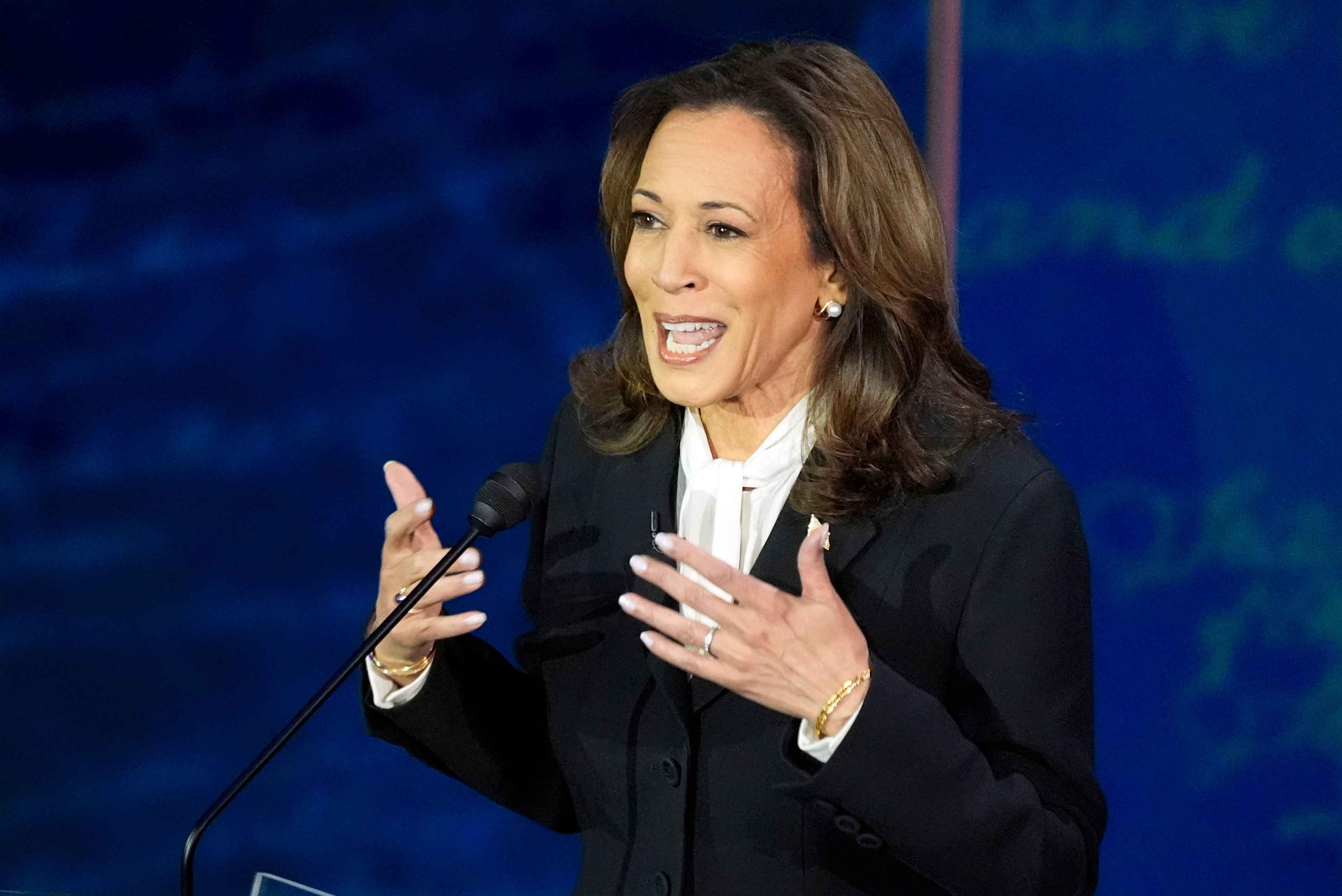 FILE - Democratic presidential nominee Vice President Kamala Harris speaks during a presidential debate with Republican presidential nominee former President Donald Trump at the National Constitution Center, Tuesday, Sept.10, 2024, in Philadelphia. (AP Photo/Alex Brandon, File)