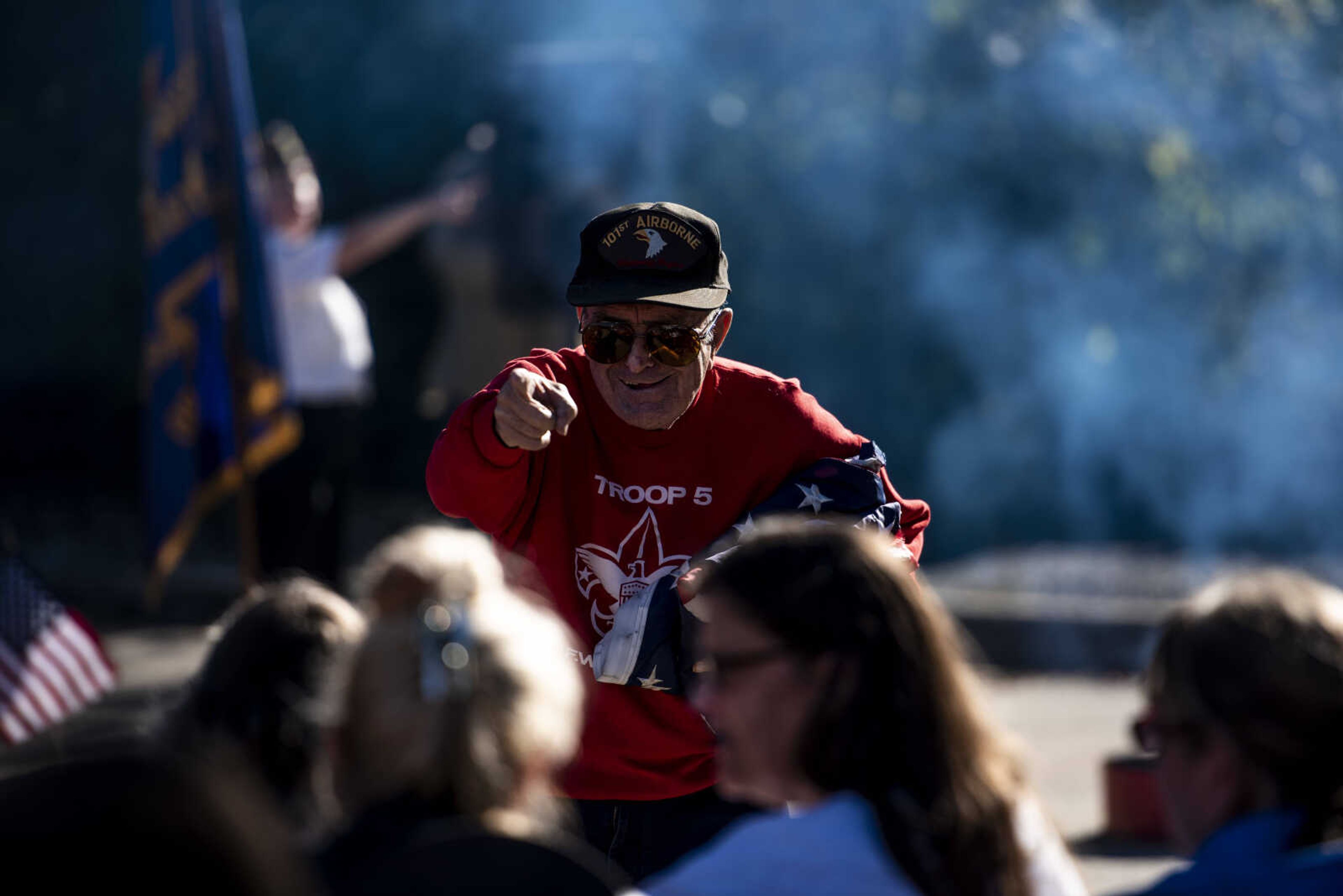 Jerry Hampton points to someone in the crowd during the inaugural flag retirement ceremony at VFW Post 3838 Sunday, Oct. 21, 2018, in Cape Girardeau.