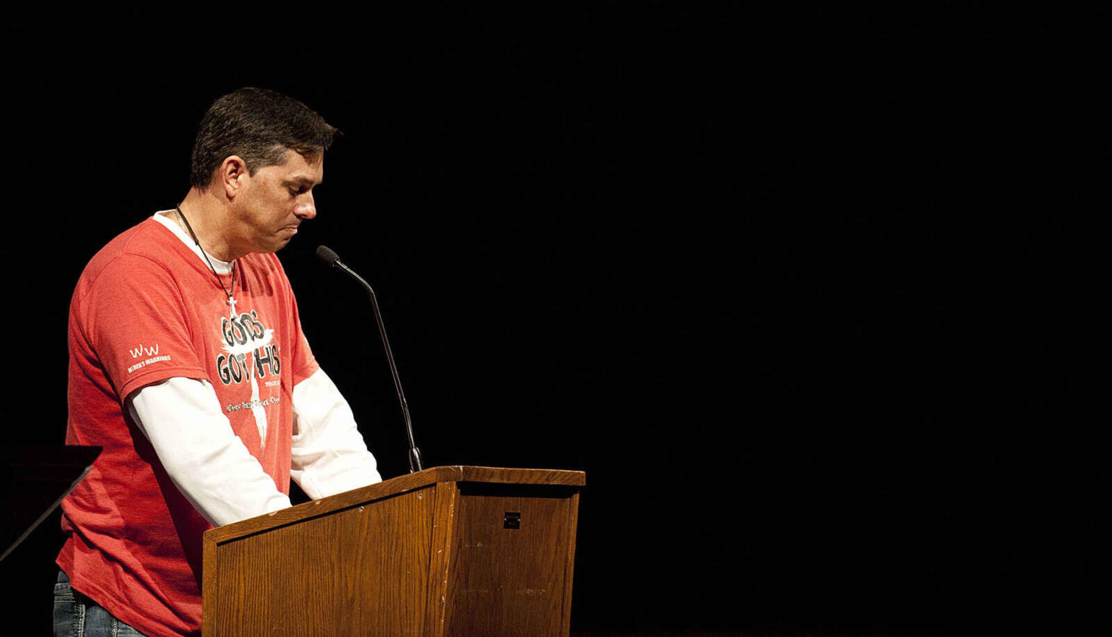 Dean Weber speaks to attendees during "Nolan Weber, Celebration of Life," Wednesday, April 30, at the Jackson High School Event Center. Friends, family and community members gathered to remember the former Jackson High School baseball and soccer player who passed away from brain cancer in December on what would have been Nolan's 19th birthday. Dean spoke about a conversation he had with his son where he told him that when God had healed him they'd have a party and invite the whole town. "He's healed now," said Dean, "and we're having a party."