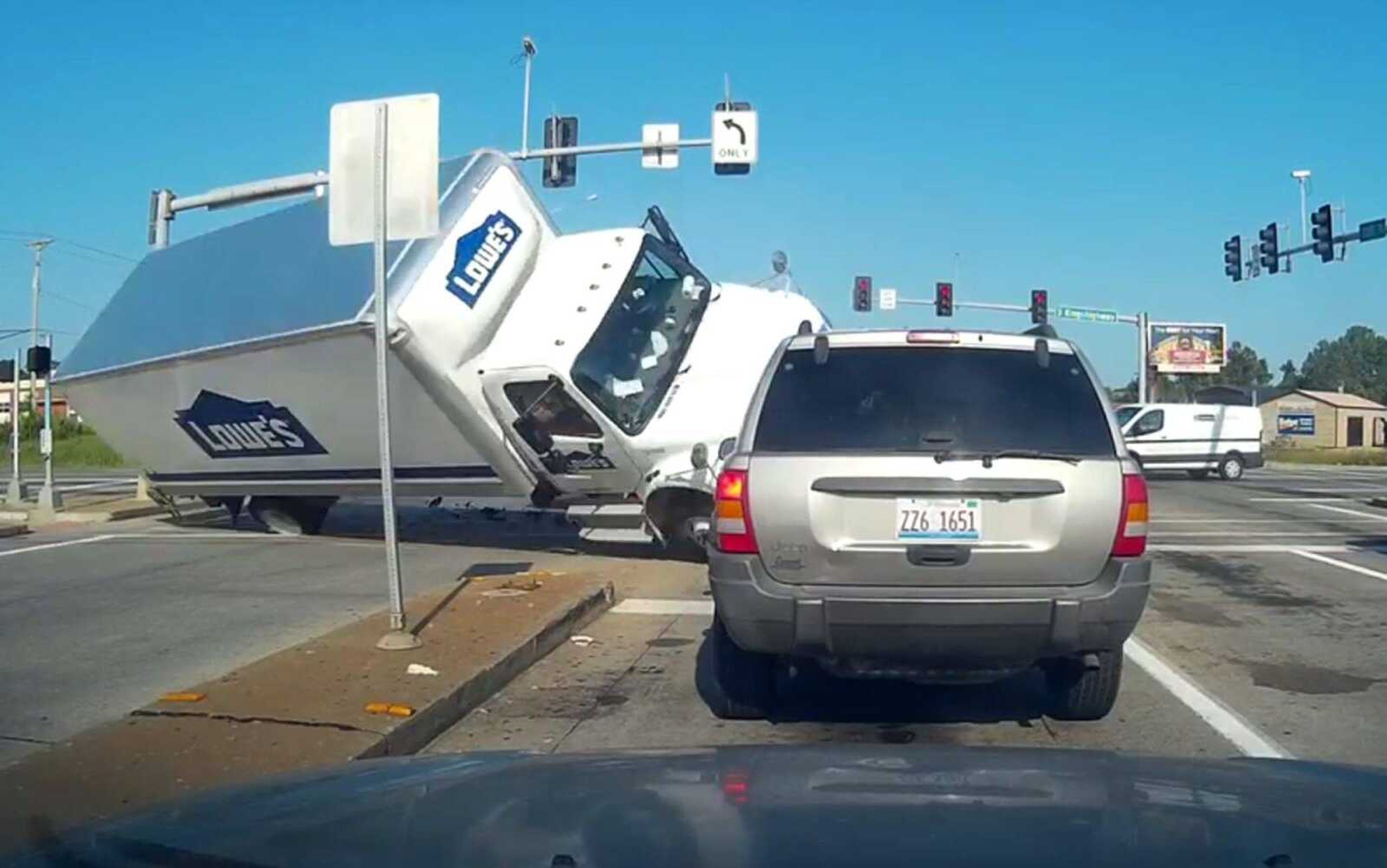 A Lowe's semi truck collided with a car at the intersection of Highway 74 and Kingshighway in Cape Girardeau at 9:15 a.m. Monday. The video of the crash has gone viral.