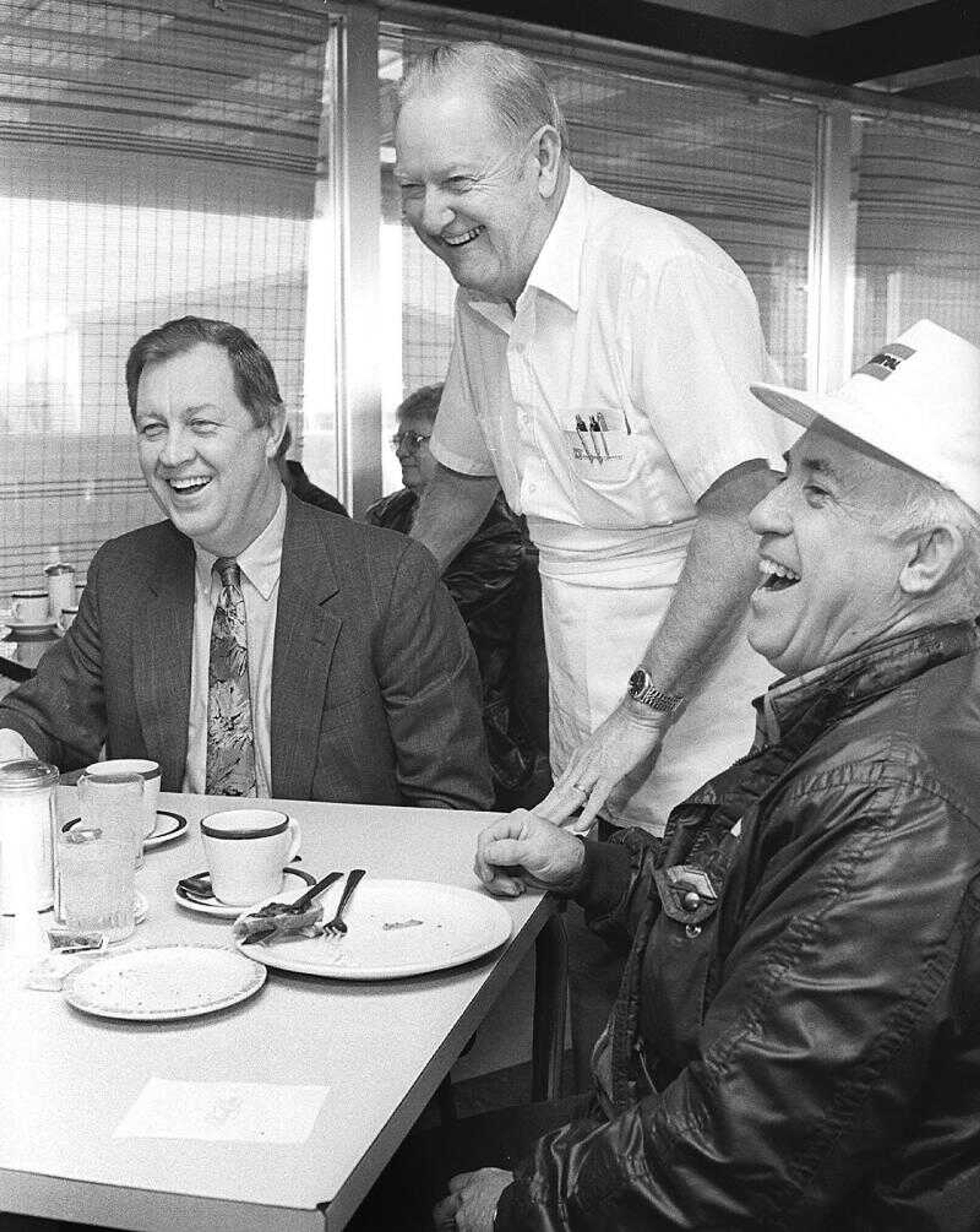 Bill Lewis, center, provided a spark for many folks in the morning at his restaurant, Wimpy's, at 506 S. Kingshighway, including Jerry Schwab, left, and Woody Woodfin in this 1992 photo.