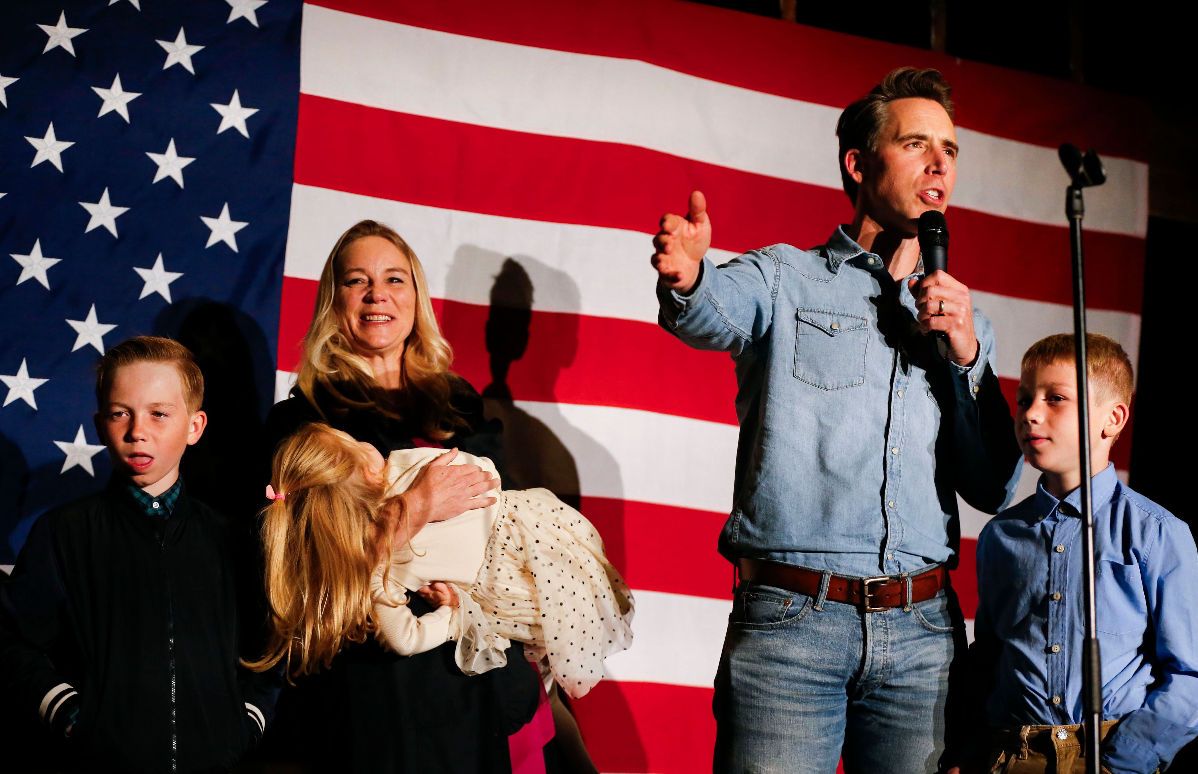 U.S. Sen. Josh Hawley, R-Mo. thanks supporters at an election watch party in Ozark, Mo., Tuesday, Nov. 5, 2024. (Nathan Papes/The Springfield News-Leader via AP)