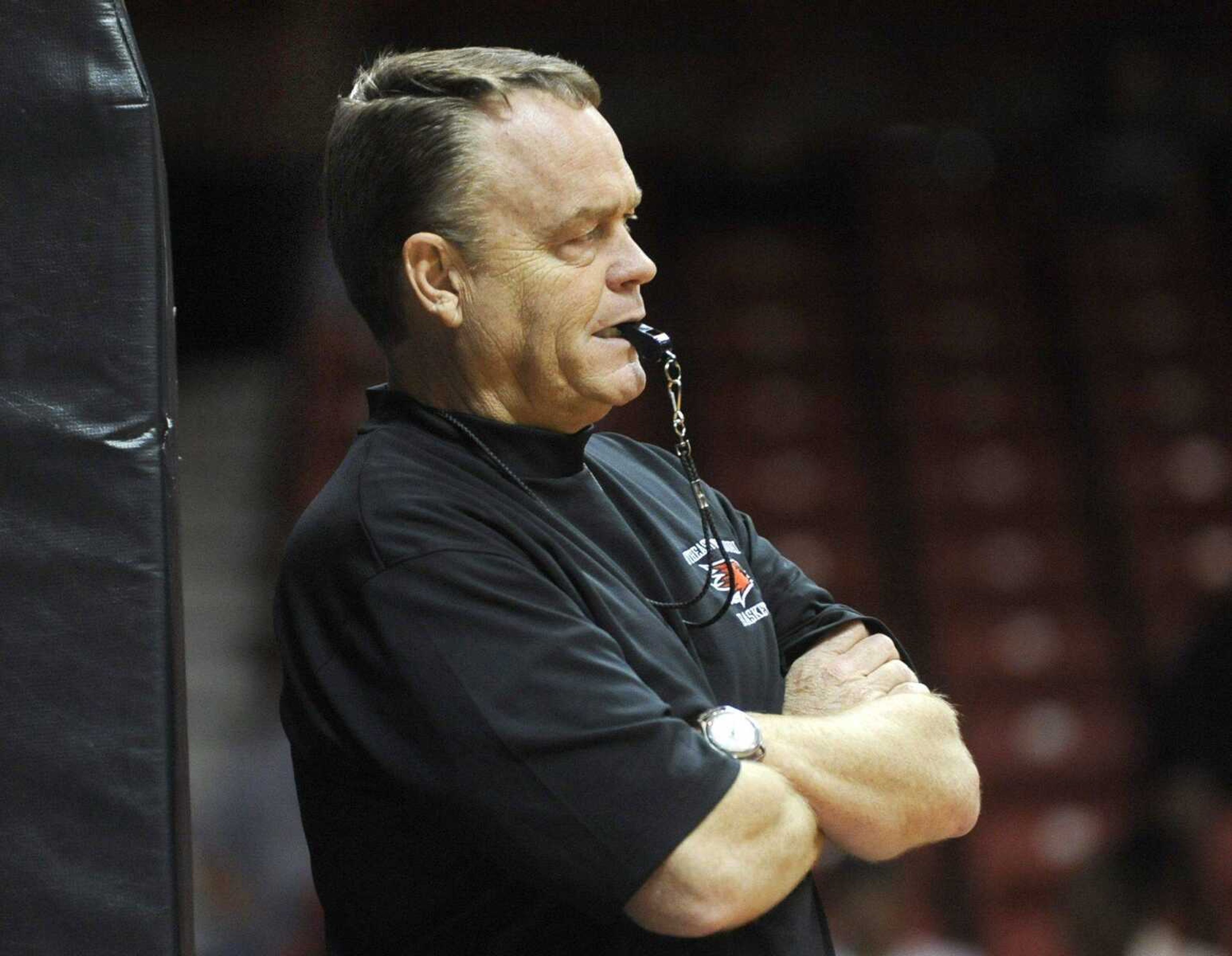 Southeast men&#8217;s basketball coach Dickey Nutt watches his team scrimmage Saturday at the Show Me Center.. (Fred Lynch)