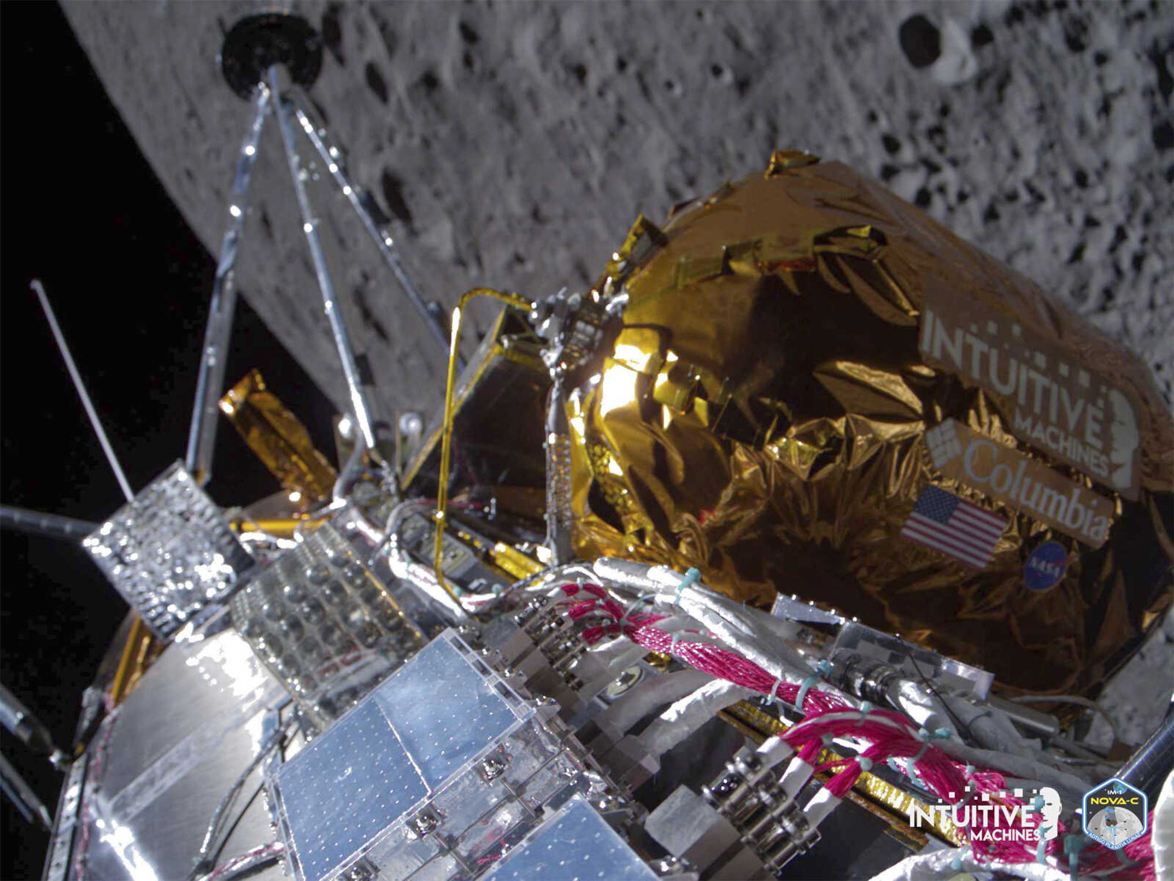 The Odysseus lunar lander over the near side of the moon following lunar orbit insertion on Wednesday.