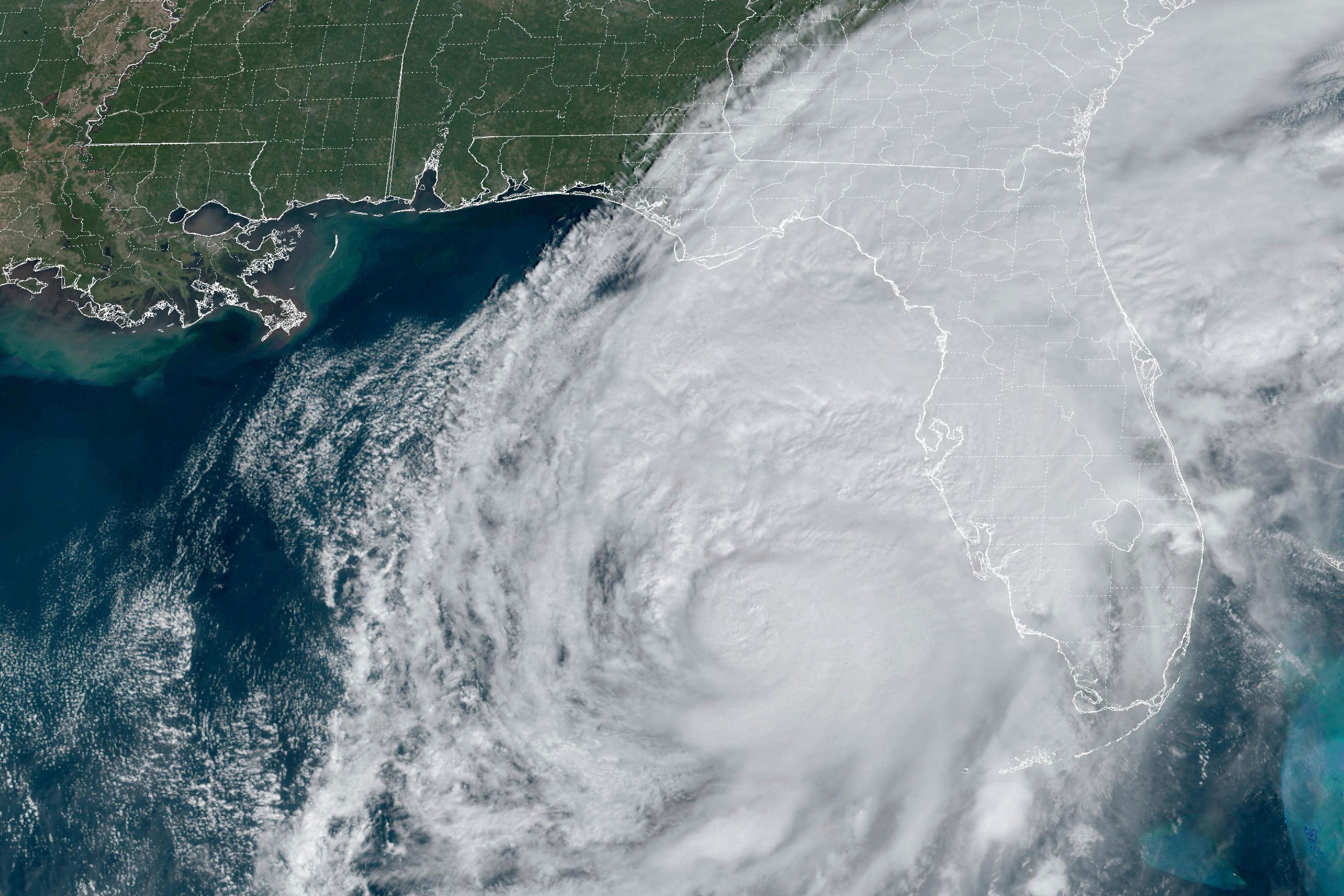 This GOES-16 GeoColor satellite image taken at 11:46 a.m. EDT and provided by National Oceanic and Atmospheric Administration (NOAA) shows Hurricane Milton in the Gulf of Mexico off the coast of Florida, Wednesday, Oct. 9, 2024. (NOAA via AP)